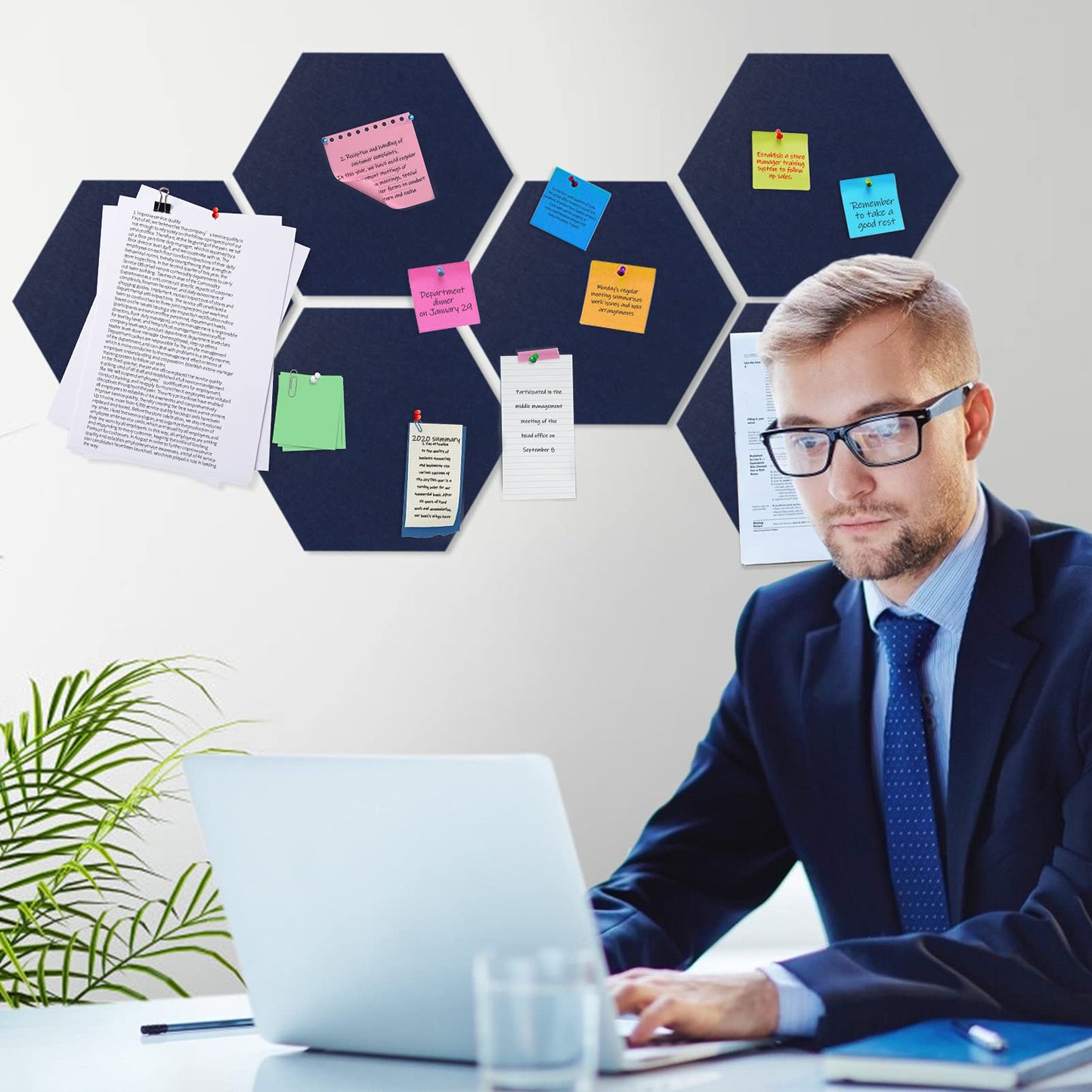 SEG Direct Hexagon Felt Cork Board Tiles, Hexagon Felt Bulletin Board Tiles Self Adhesive Picture Board, Memo Notice Tiles Pin Board for Walls Office, 11.8" x 10.2", 5PCS(Dark Blue)