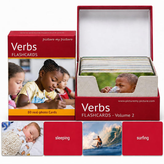Picture My Picture Verbs Flash Card Bundle - Speech Therapy Tool for Vocabulary, Communication & Thinking, Scratch-Resistant with Activity Guide, Suitable for Education, ESL & ABA – Set of 80