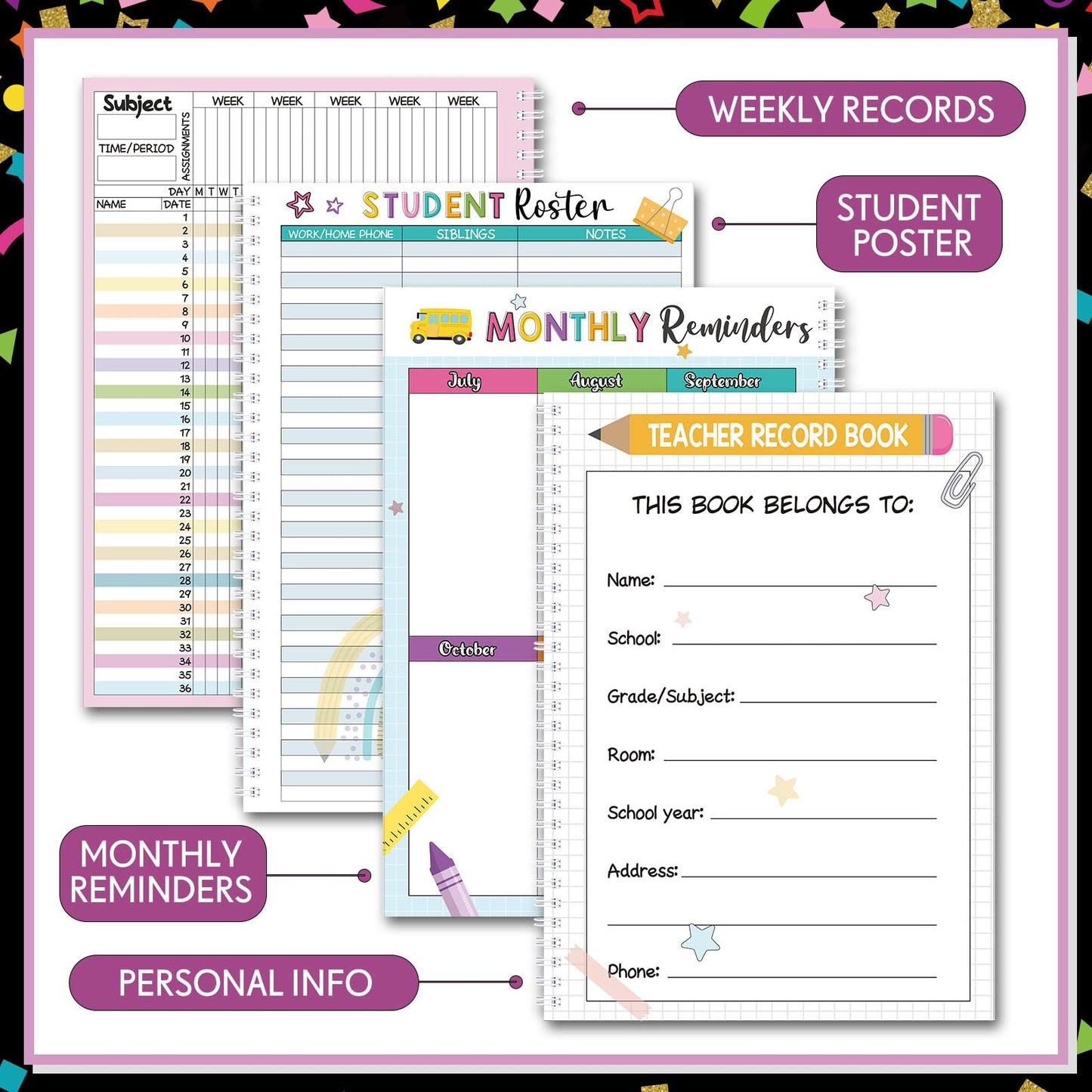 Fuyoooo Teacher Record Book Teacher Grade Books 2026-2027 Spiral Bound Record Planner 2026 Class Grade Book Office Favors for Classroom Attendance Decoration Double Sided(Black, Confetti)