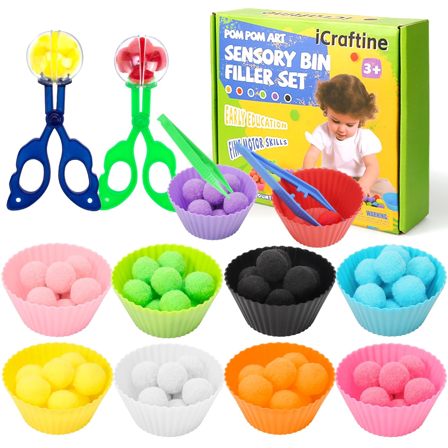 iCraftine 114 PCS Fine Motor Skills Sensory Bin Filler Includes 10 Sorting Bowls, 100 Pom Poms, 2 Tweezers, 2 Scooper Scissors for Kids Early Education, Counting Sorting Training Development