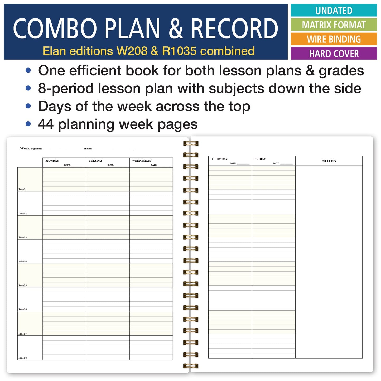 Elan Publishing Company HARDCOVER Combination Plan and Record Book - 8 Period Teacher Lesson Planner (Rainbow Gold Marble)