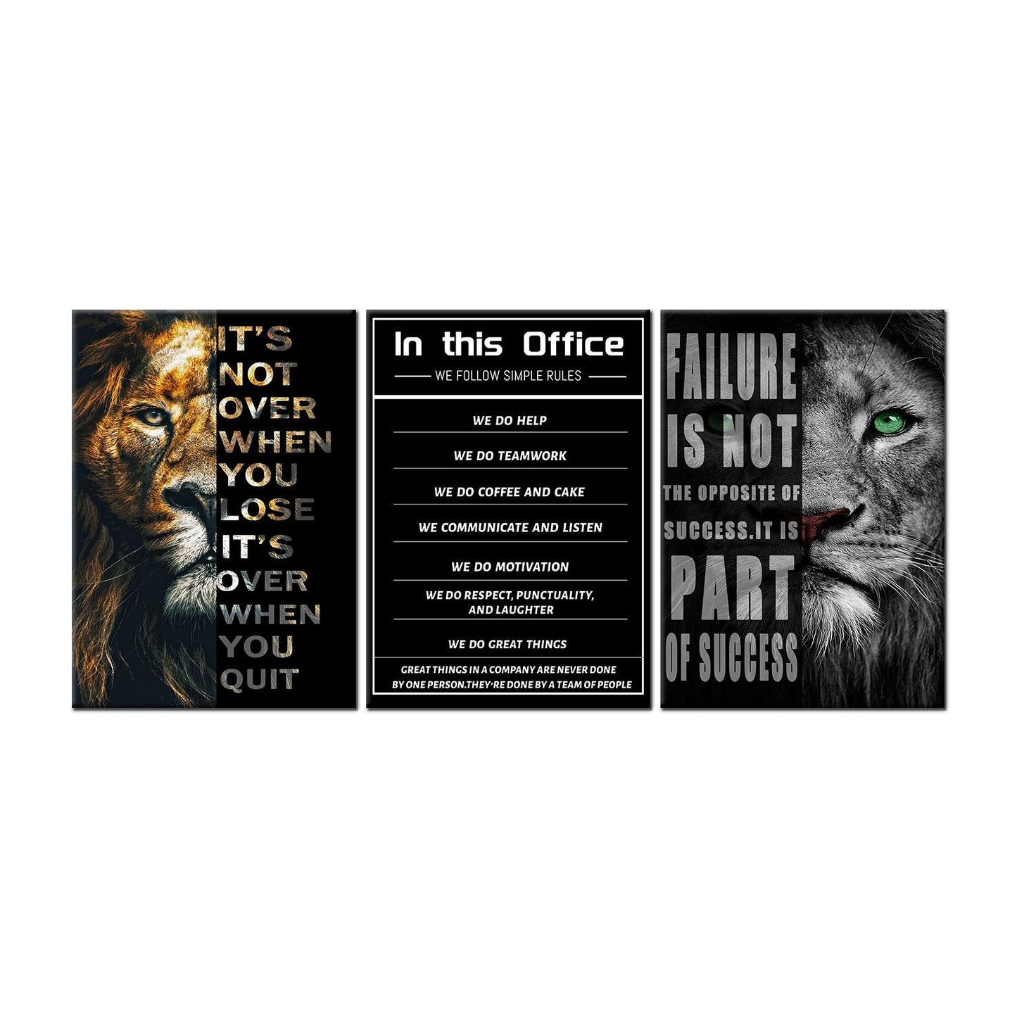 PSYYSP Motivational Triptych Wall Decor Lion Failure Success Canvas Art, Black Office Quote Posters for Office, Gym, Living Room, Workspace, Framed Canvas 60x28inch Set