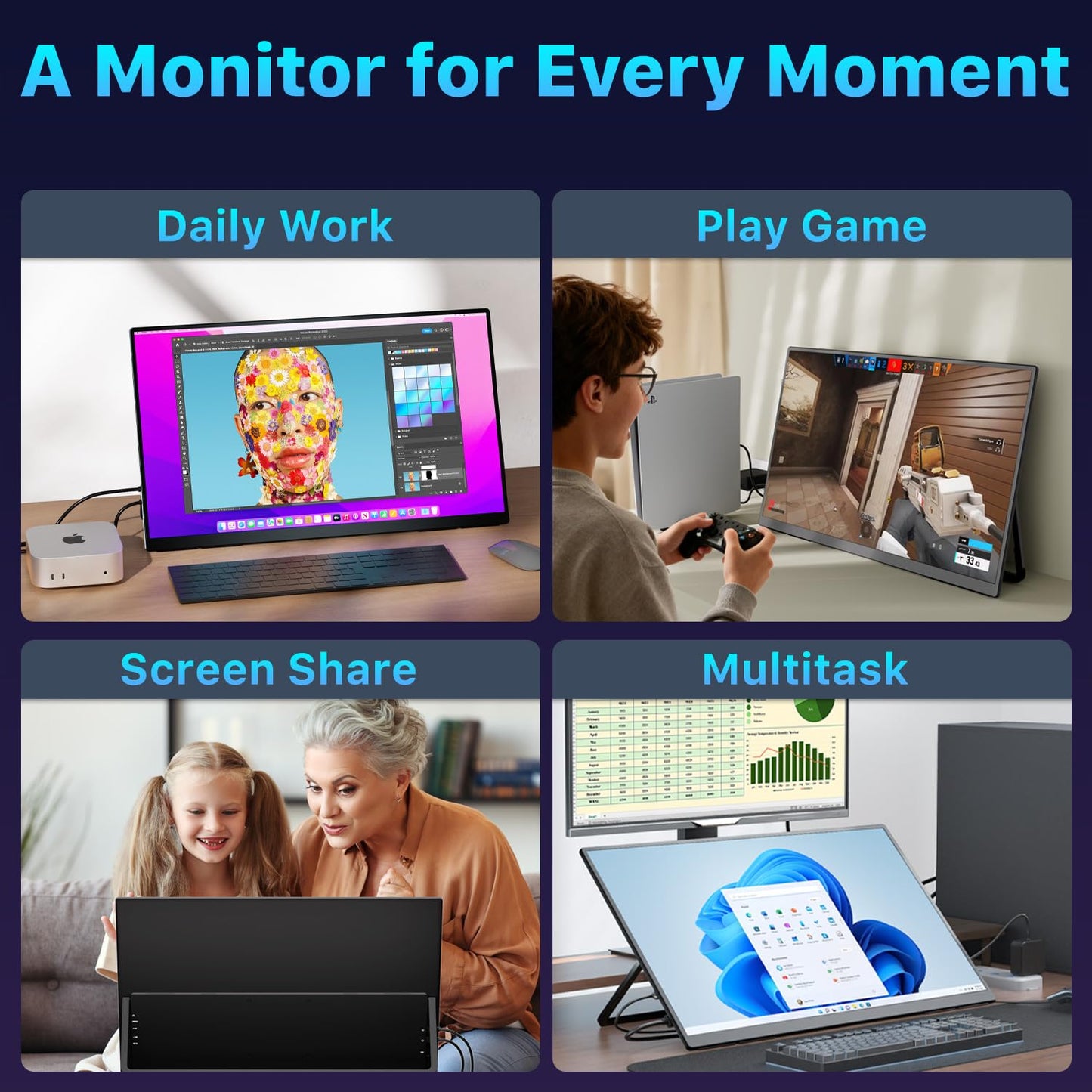Upperizon Portable Monitor 23.8 inch 4K 3840X2160 144% sRGB 60Hz HDR HDMI USB-C Travel Monitor for Laptop MacBook PC Surface PS5 Xbox, Large External Display with Kickstand & Speakers, VESA Compatible