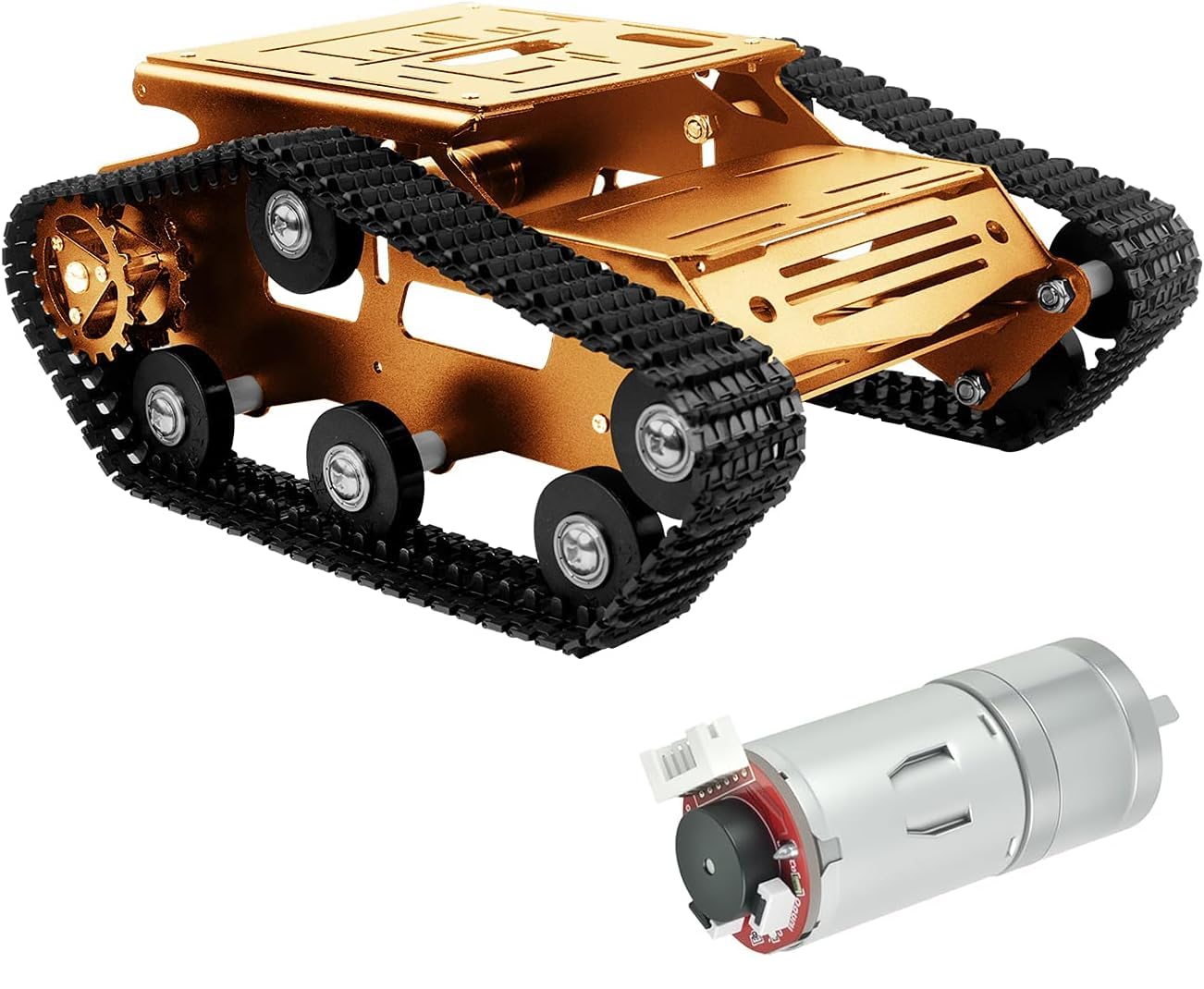 XiaoR GEEK Smart Robot Car Chassis Kit Full Metal Big Tank Chassis with 2WD Motors for Arduino Raspberry Pi Jetson Python DIY Smart Car Learning Kit (Gold 1, with Encoder Motor)