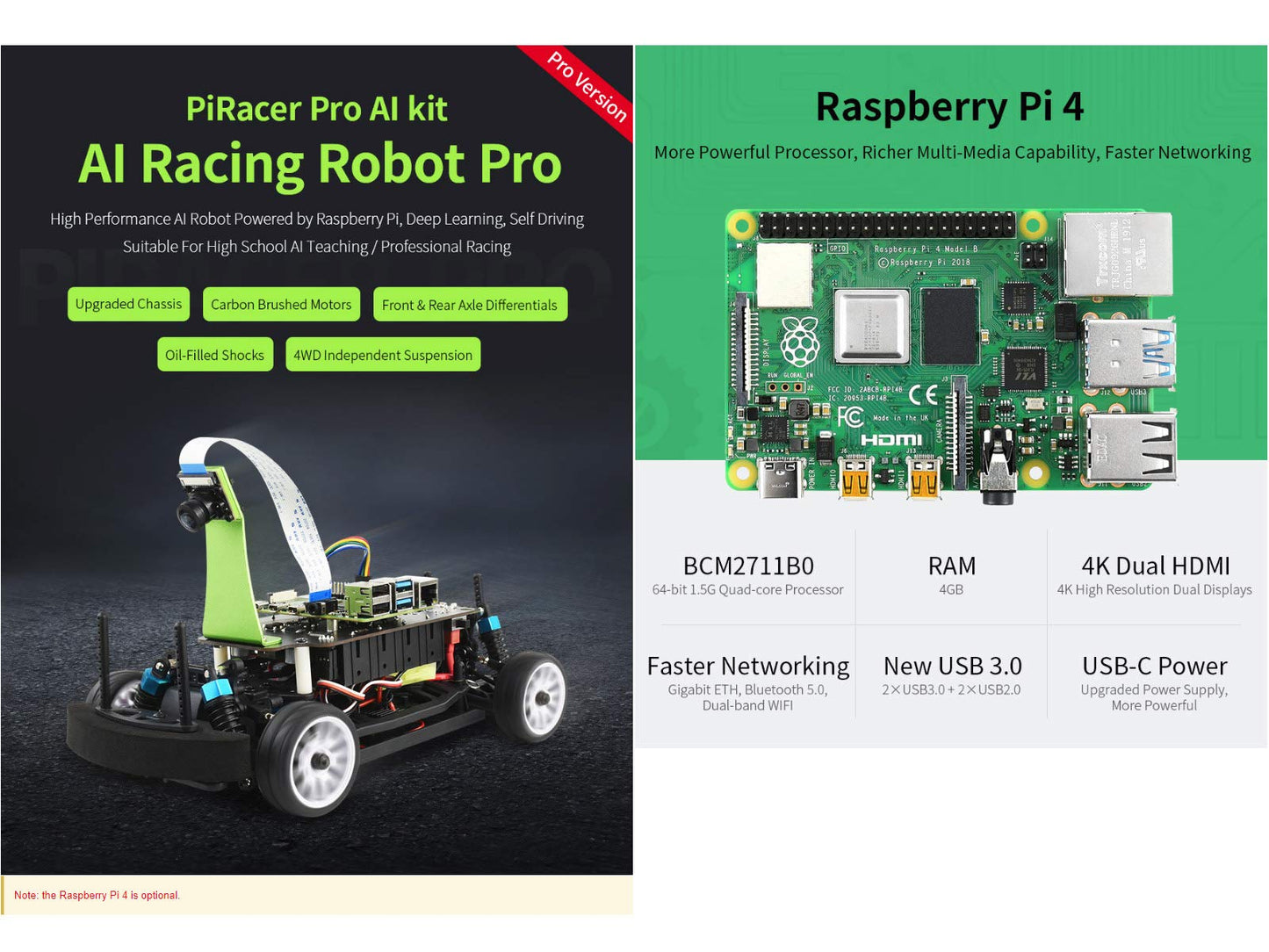 Waveshare PiRacer Pro AI Kit High Performance AI Robot Competitive Race car Deep Learning, Automatic Driving, Comes with Raspberry Pi Model B 4GB