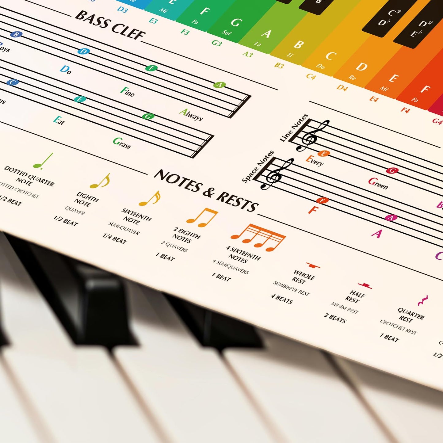 12x18 Piano Notes Poster Unframed, Piano Keys, and Notes Chart, Music Theory Posters, Treble Clef, Bass Clef, Notes Mnemonic Chart, Piano Student