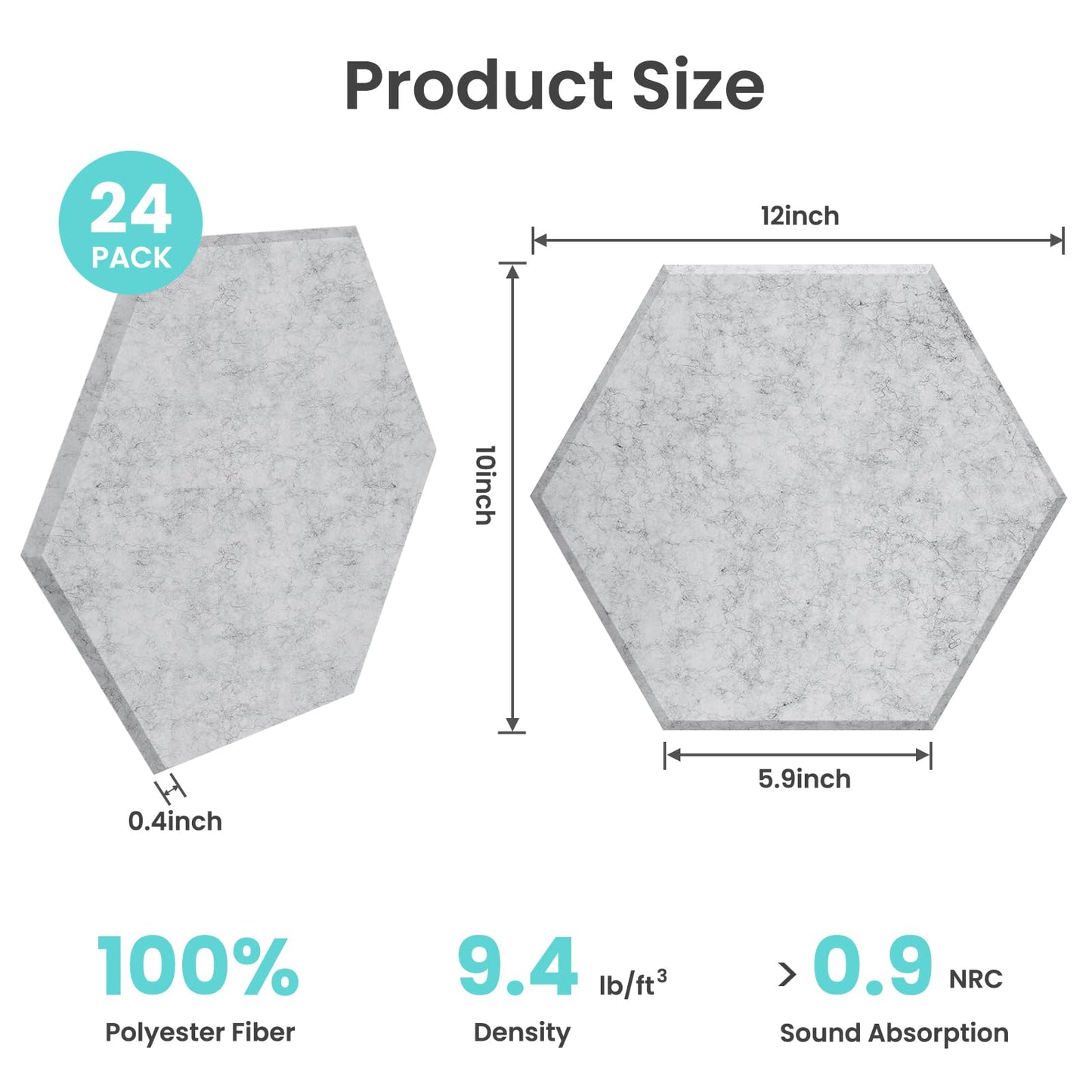 TOMAIX 24 Pack Hexagon Panel, 12"X10"X 0.4"Black, White and Gray Hexagon Self Adhesive Soundproof Wall Panels, High-Density Sound Absorbing Panels, Acoustic Treatment Panels