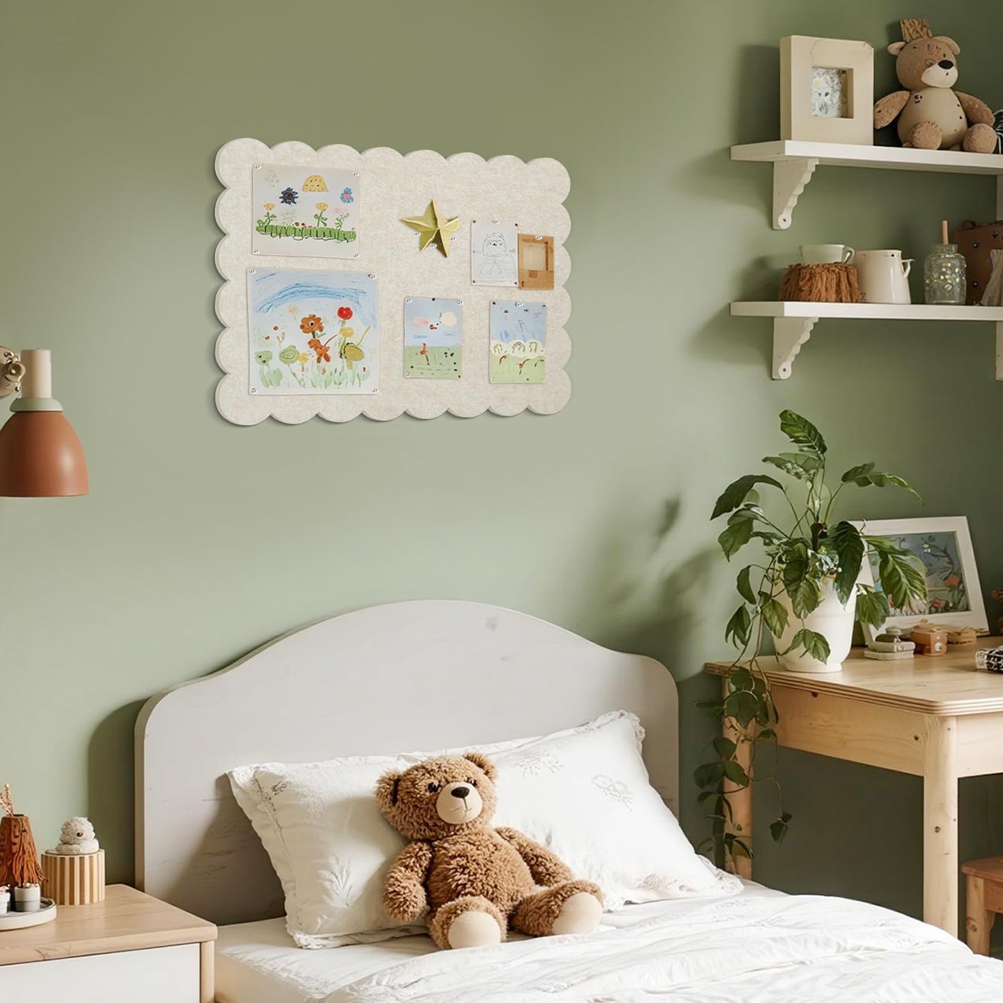 Lightomorrow Scalloped Bulletin Board, 24 x 18 Inches Felt Pin Board - Decorative Cork Alternative for Wall, Foldable Picture Self-Adhesive Vision Prayer Board with 20 Pushpins - Oatmeal