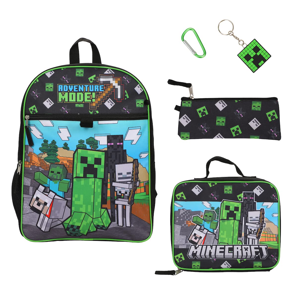 BIOWORLD Unisex Minecraft Adventure Mode 5-Piece Backpack set (Little Kid/Big Kid), Green, One size