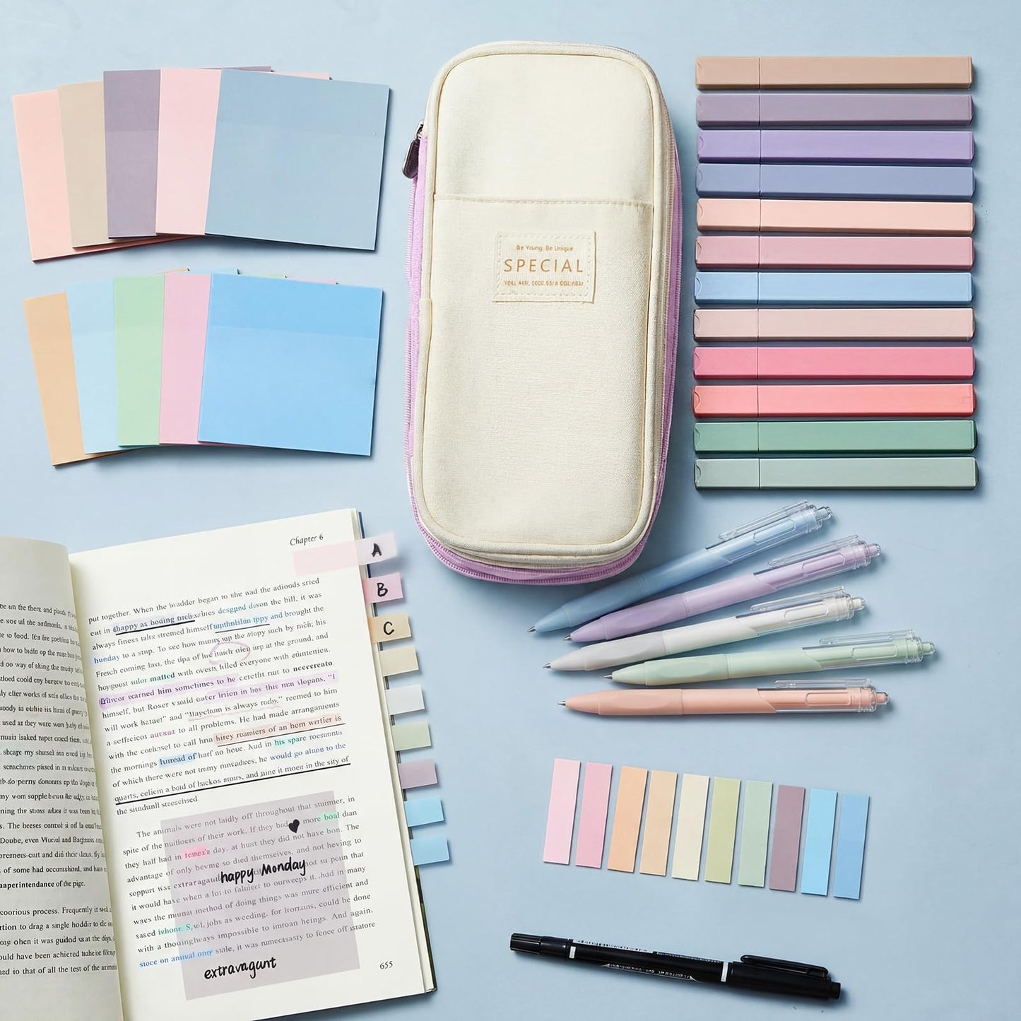 Jutom 39 Pcs Aesthetic Book Annotation Kit Highlighter with Case Bag Gel Pen Transparent Sticky Note Taking Bible Supplies(Purple,Cute Style)