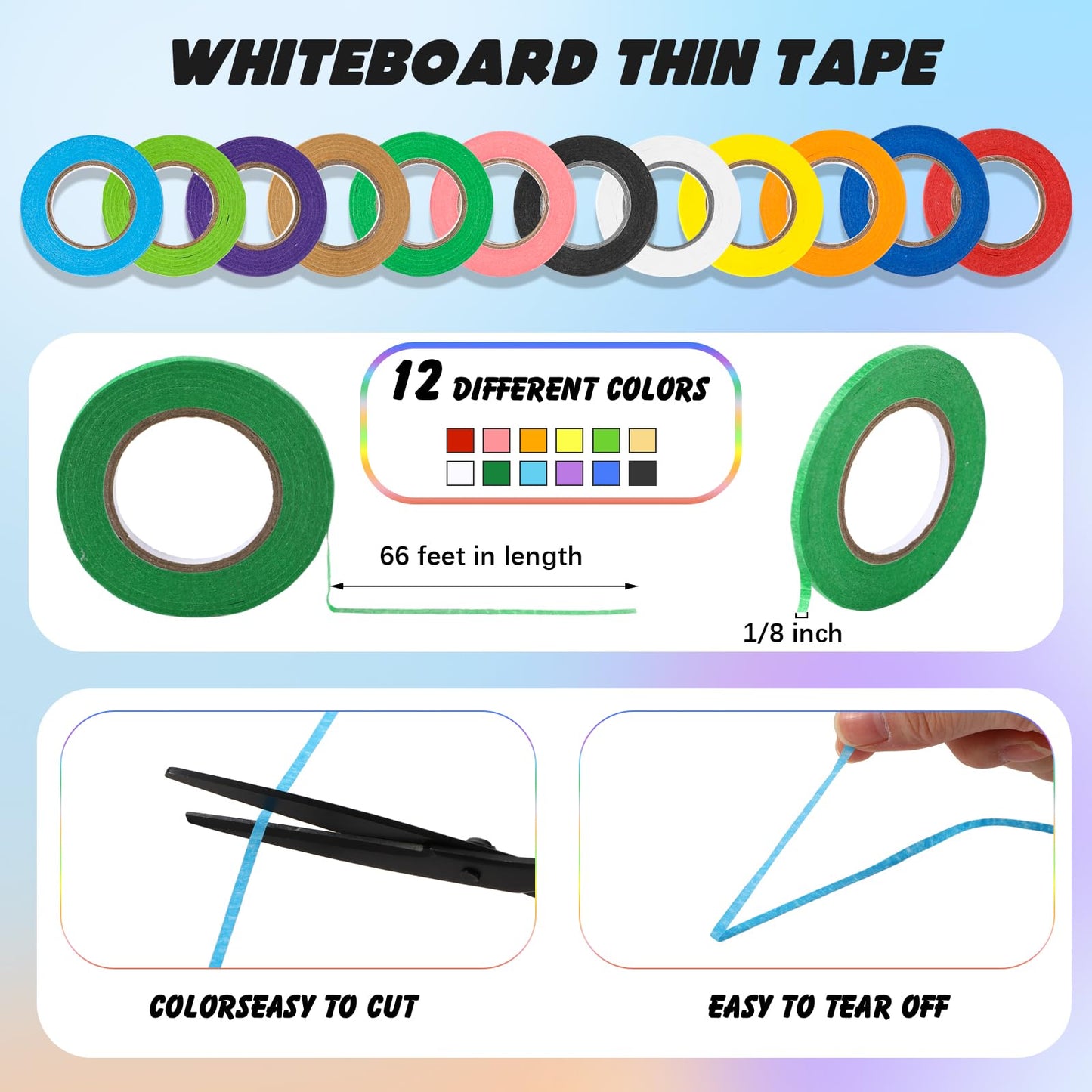 Meanplan 176 Pcs White Board Accessories Set 144 Magnetic Dry Erase Labels 12 Rolls Thin Whiteboard Tape 8 Magnetic Fine Tip Dry Erase Markers 12 Round Planning Buttons for Office Home (Various Sizes)