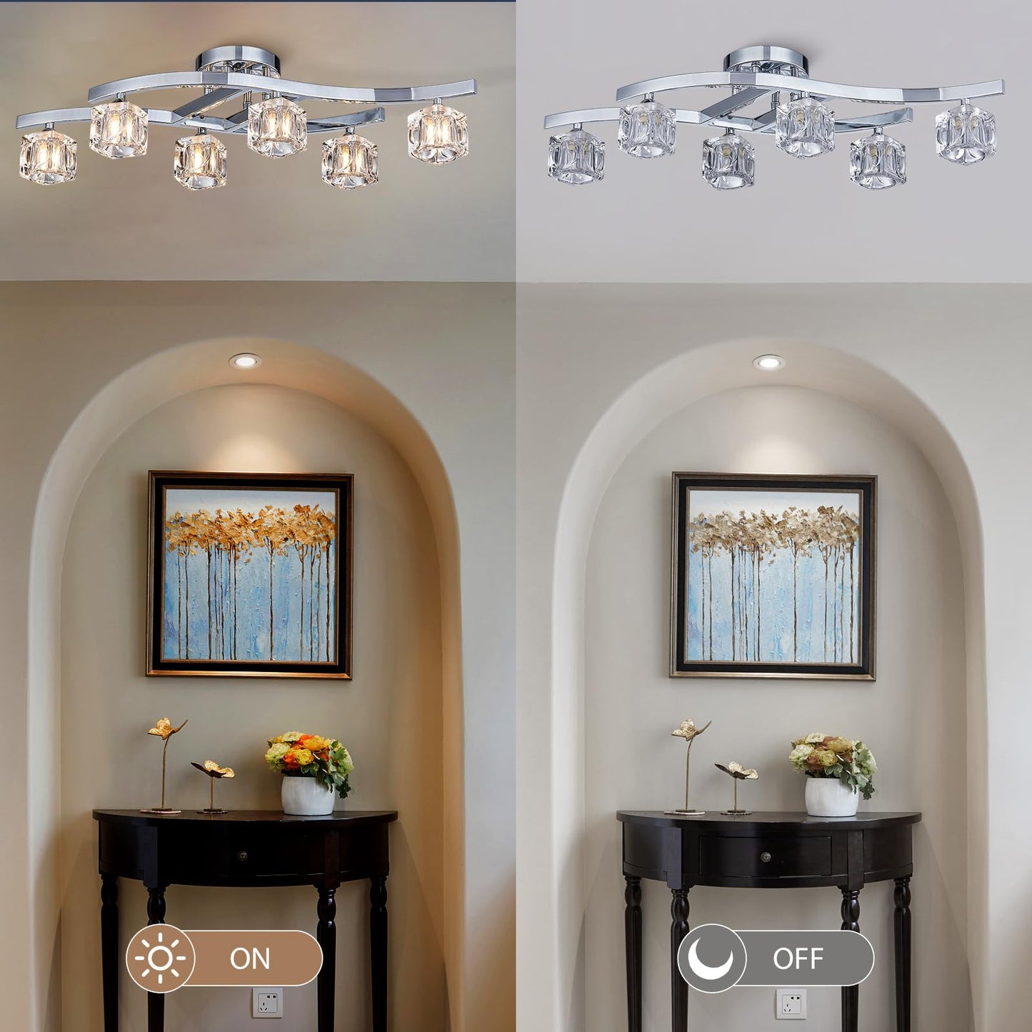 Bestier 6-Light Chrome Flushmount Chandelier, 30.5in L x 10in W x 7.5in H, Modern Elegant Glass Crystal Design, Model AK-AJ-