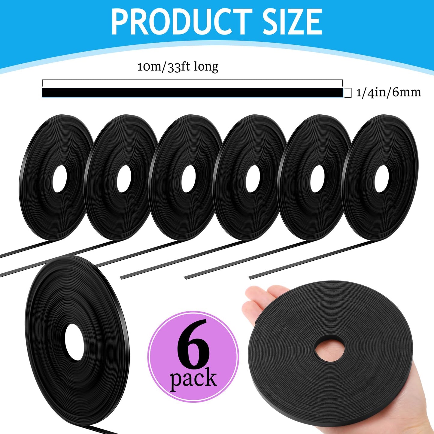 Tellegloww 6 Rolls 1/4" Magnetic Whiteboard Tape Set 33ft Magnetic Tape Roll Thin Strips Borders for Classroom Whiteboard with 48pcs Dry Erase Label for Classroom School Office Home Students (Black)