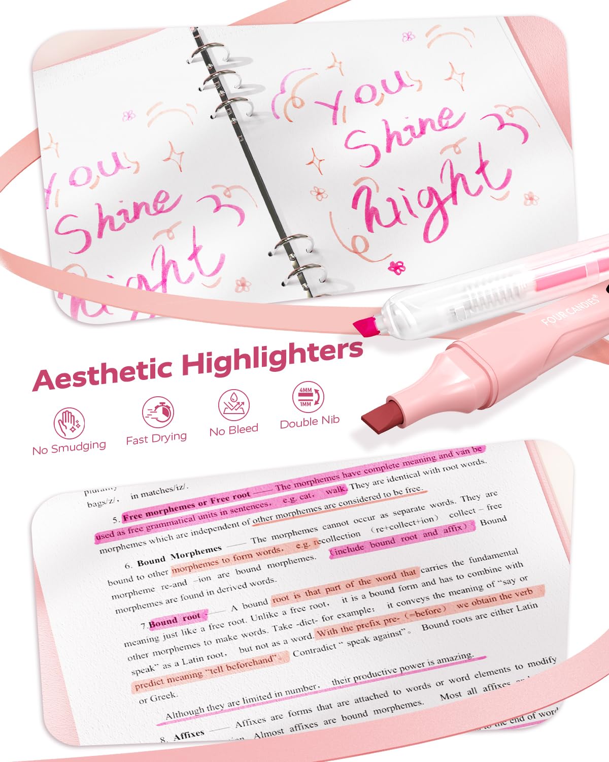 Four Candies Pink College Supplies and Nursing Essentials with Organizer, Gel Pens with Black Ink,Correction Tapes,Pastel Highlighters, Mechanical Pencils, Sticky Notes, Index Post