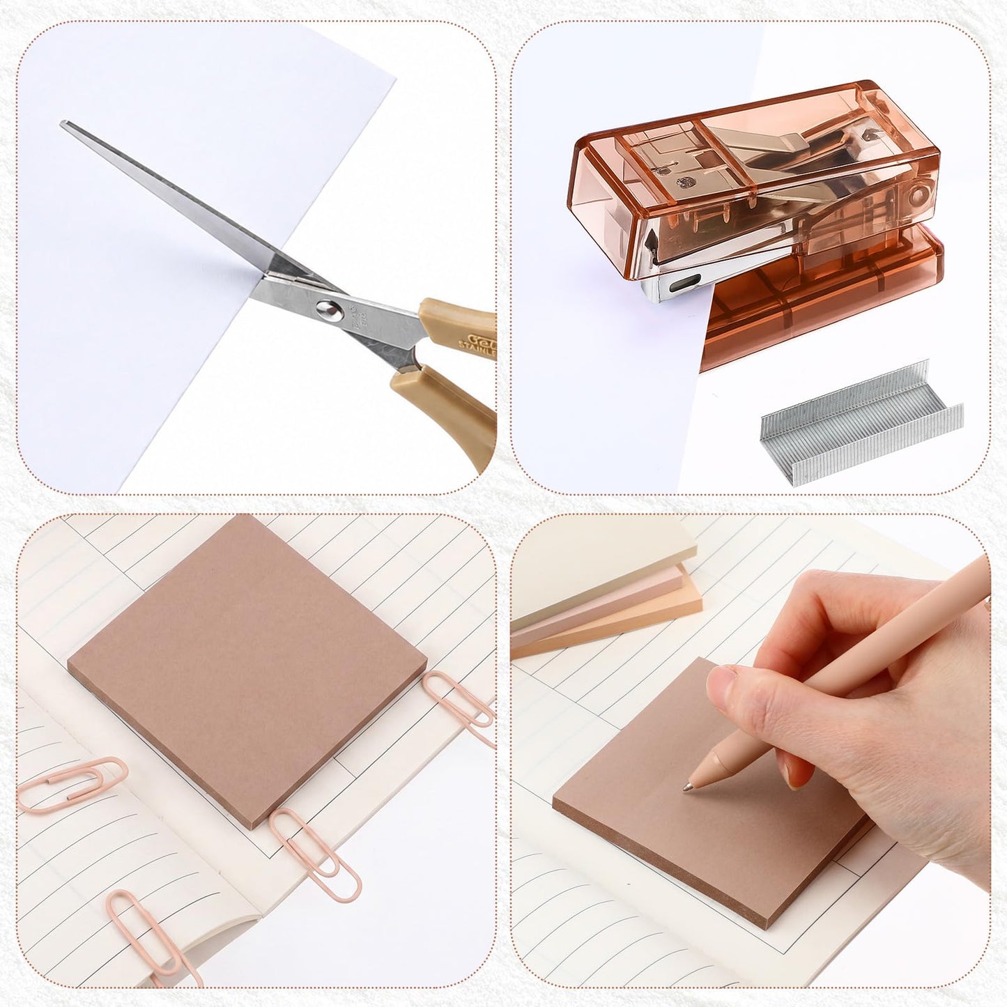 Humyoun Khaki Mini Office Supplies Kit School Supplies Desk Accessories with Gel Pens Sticky Notes Stapler 1000 Scissor Paper Clips Index Tabs Box Cutter for Back to School Office