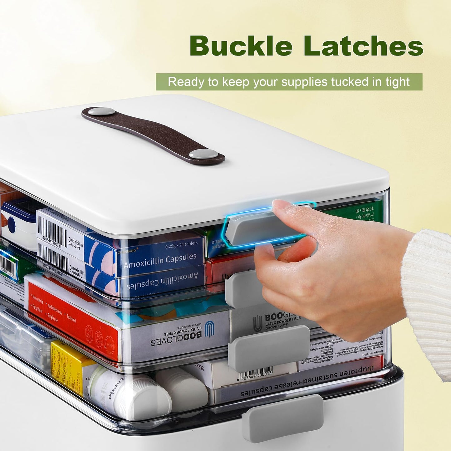 MOPALL 4-Tier Medicine Organizer Storage Box, Portable Latch Bin with Lid and Leather Handle, Cabinet Closet Organization for Home Office, Pill Bottle, First Aid, Sewing, Art, Craft