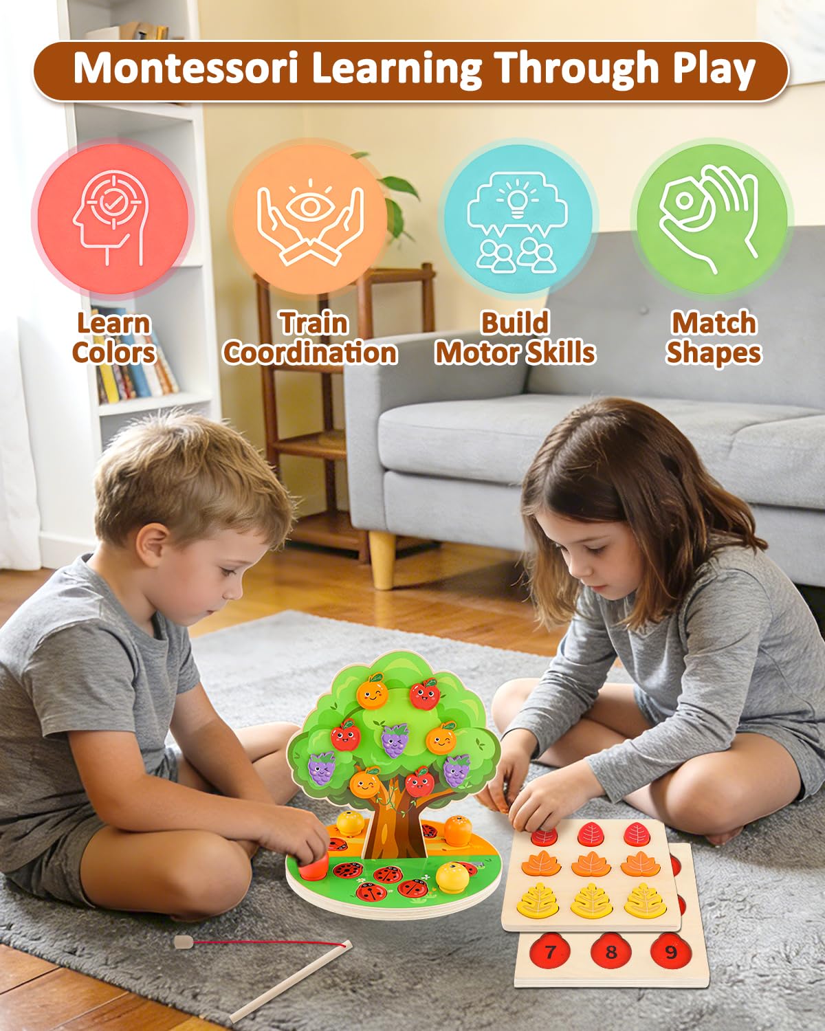 WoodsyJoy Montessori Toys for Toddlers 3-5, Wooden Sorting & Sensory Toy, Fine Motor Skills Learning Toy with Magnetic Apple Tree, Counting Ladybugs, Preschool Educational Toys for Kids
