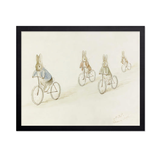 Poster Master Vintage Bunny and Friends on Bicycles Poster - Rabbit Print - Bunny Art - Bike Art - Watercolor Creation - Story Book Design - Children Illustration - Kid's Room or Nursery Decor - 8x10 UNFRAMED Wall Display