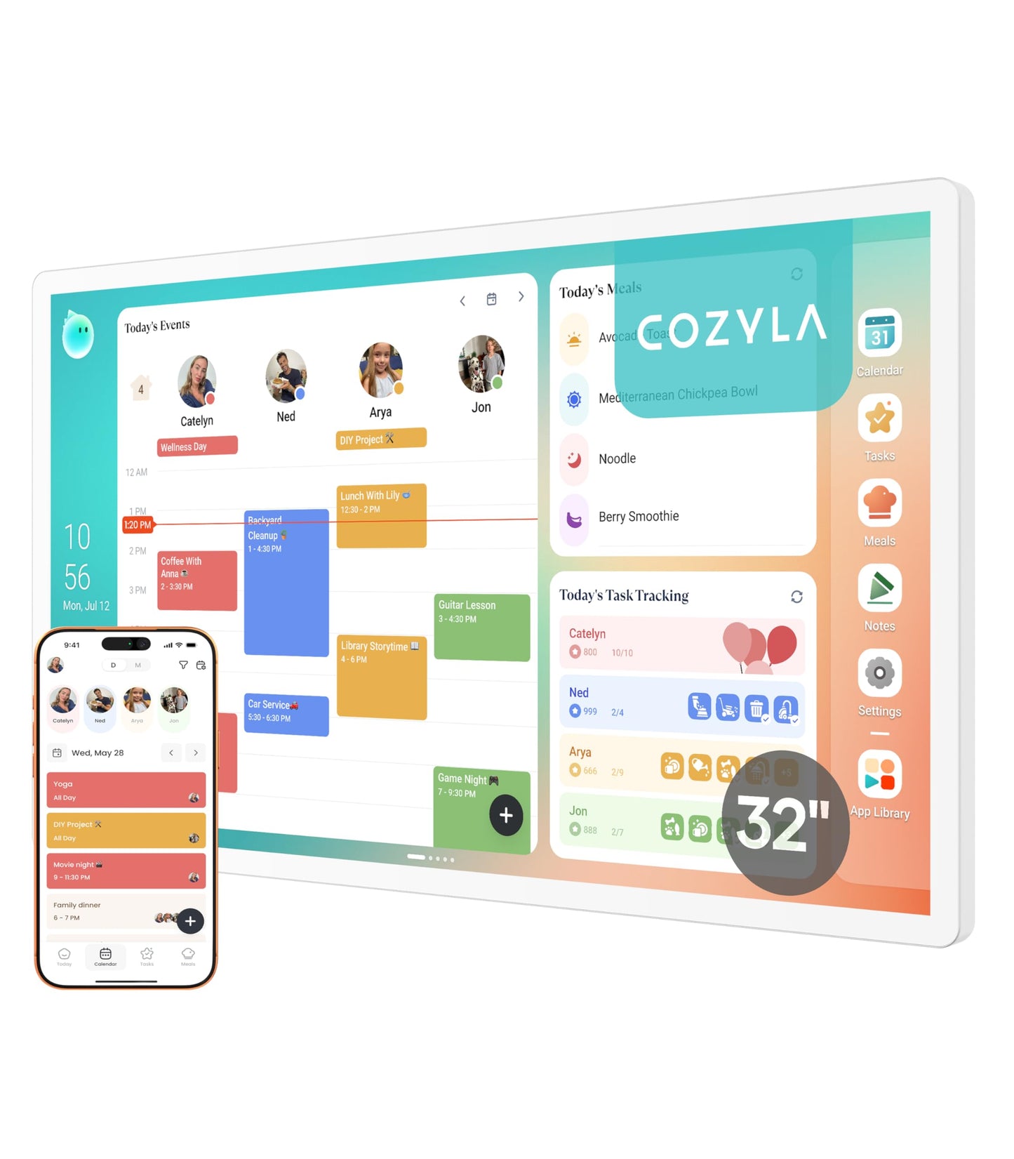 Cozyla Calendar Plus 2: 32" Smart Digital Calendar Wall Touch Screen & No Subscription Family Dashboard, Electronic Display for Family System- Chore Chart, Meal Planner, Support App Store Wall Mount