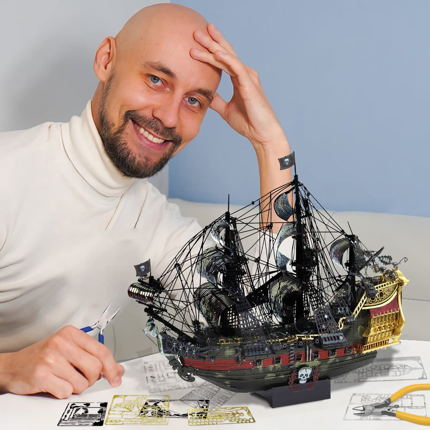 Piececool 3D Metal Puzzles for Adults, The Queen Anne's Revenge Pirate Ship Model Kits with DIY Tools Set, Metal Models Building Craft Kits, Creative Gifts Home Decor.