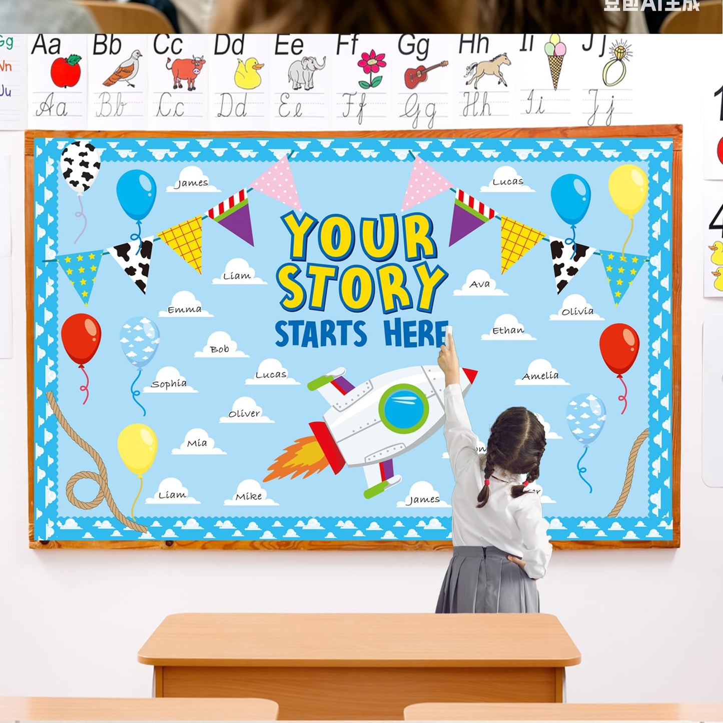 Cartoon Bulletin Board Decorations Set with Borders Blue Sky White Cloud Cutouts Decor for Teachers Back to School Bulletin Board for Class School Classroom Chalkboard Wall Decor