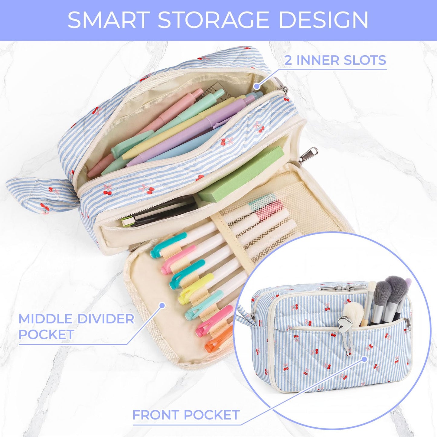 WOBAGMEN Quilted Pencil Pouch for Girls Women, Large Pencil Case Pouch with Compartments Cute Aesthetic Pencil Case Organizer, Floral Pencil Bag for School Supplies (Striped Cherry)