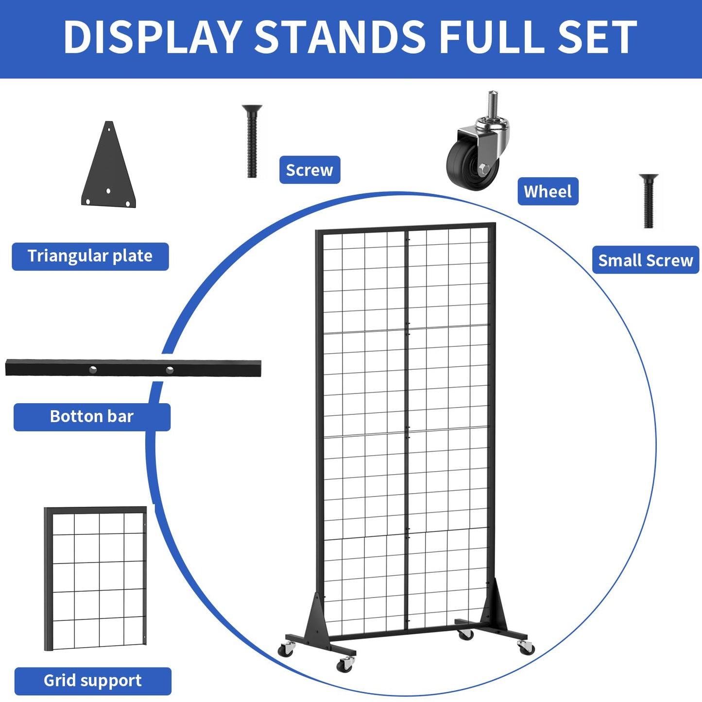 QKOSMTL Gridwall Panel Display Stand, 2'x5.5' Heavy Duty Floor Standing Rack with Detachable Girdwall, Movable Silent Wheel, Easy to Transport, Ideal for Retail & Craft Fairs