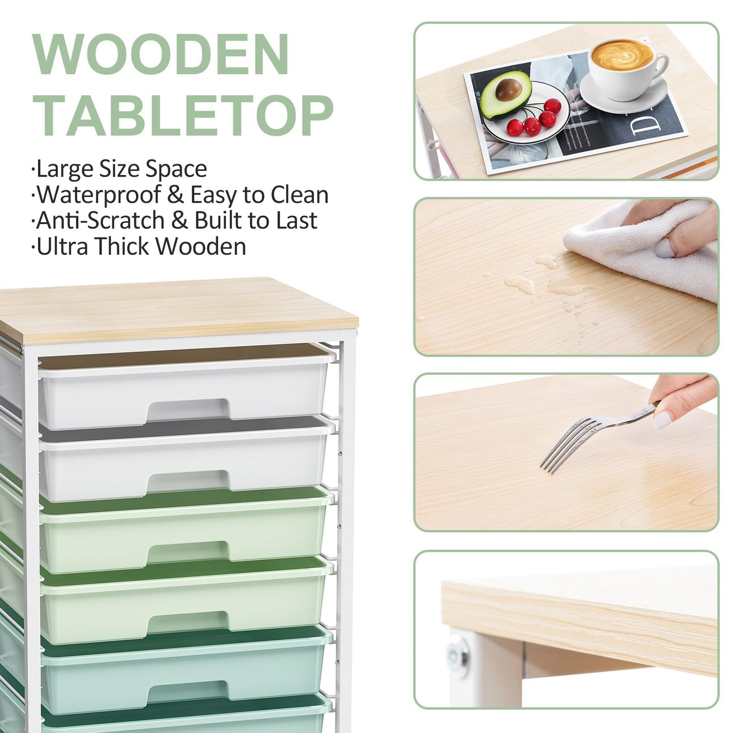 Rolling Storage Utility Cart Organizers with 8 Drawers and Wooden Tabletop for Living Room,Office,Classroom,Craft Room,Bedroom,Dorm,Green