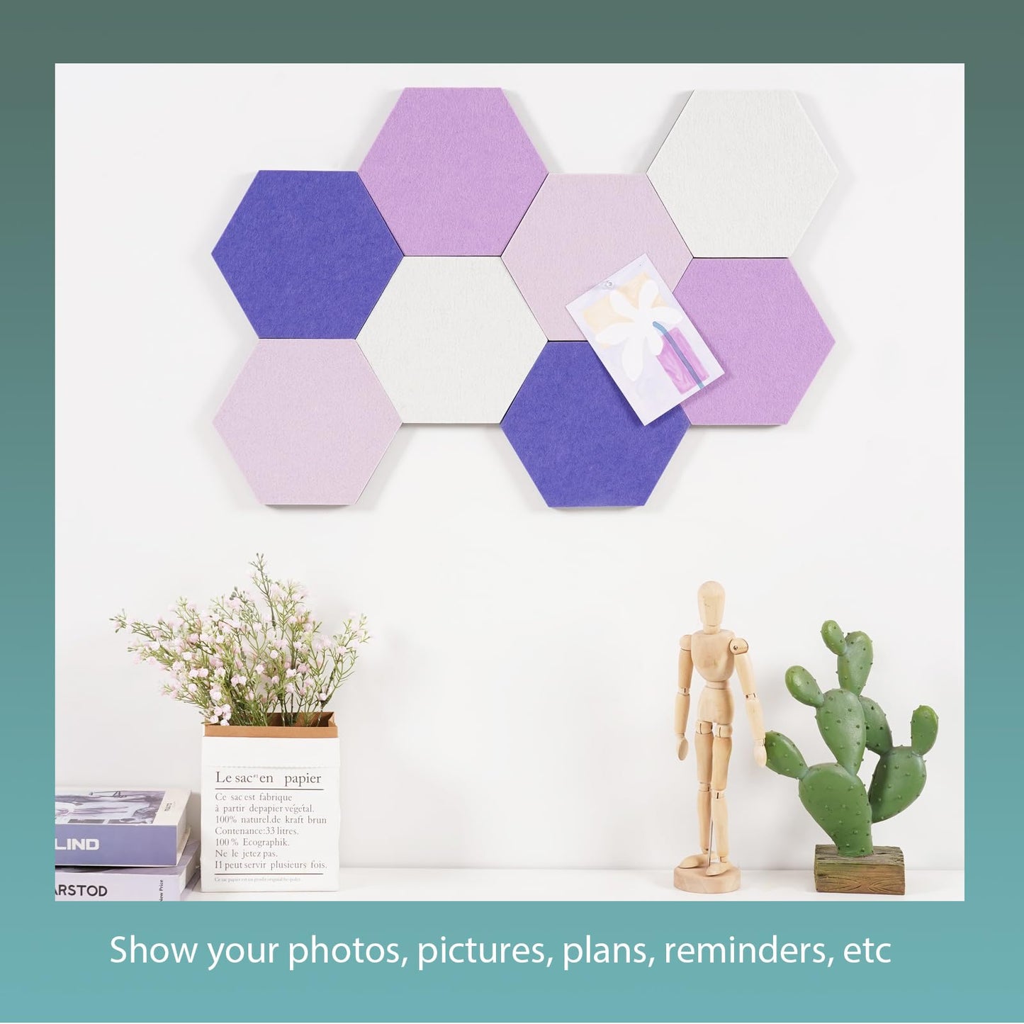 Afumazi Felt Bulletin Board Tiles, 8 Pcs Hexagon Wall Tiles with Removable Adhesive, 7.9×6.9 Inch Cork Pin Board for Classroom, Home, Office (Set F, Middle)