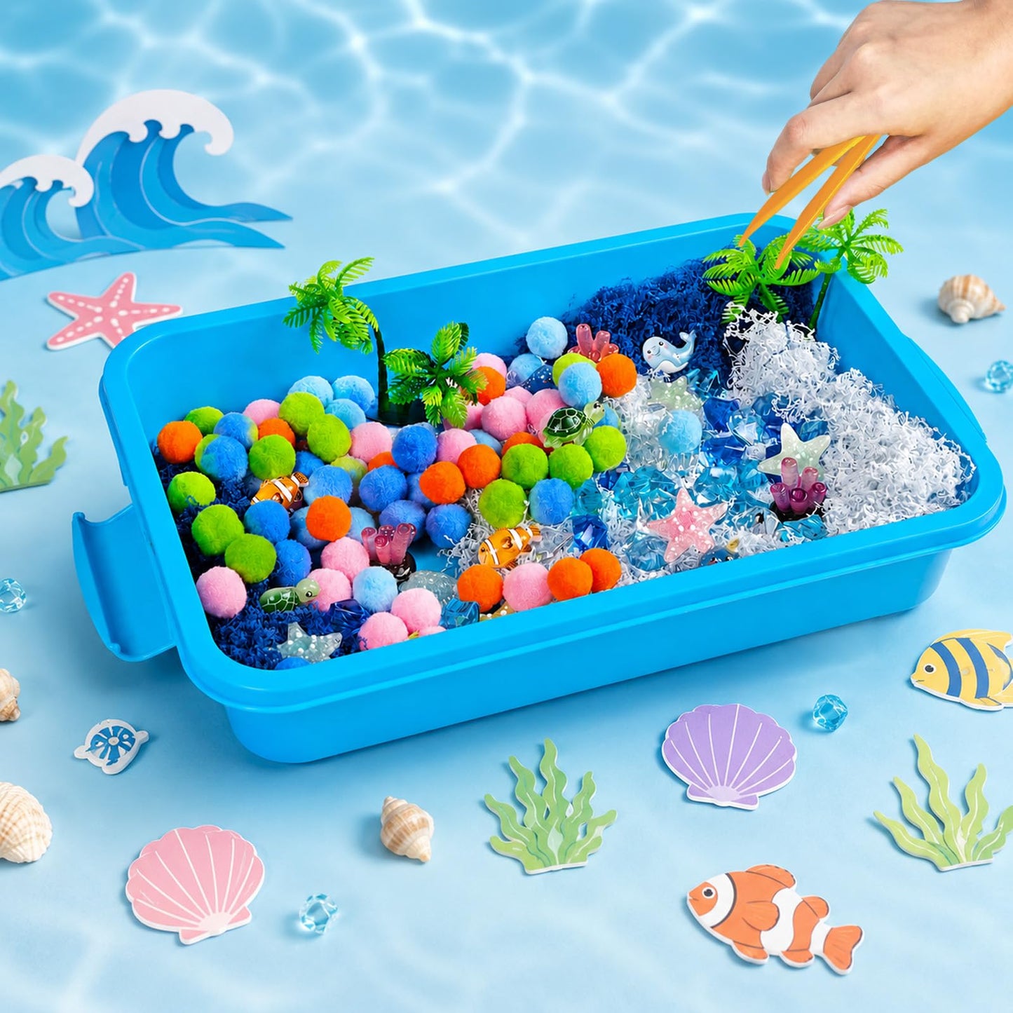 Cinrobiye 170 Pcs Ocean Animals Sensory Bin Fillers Set with Storage Box, Sea Animals, Shells, Sea Stars and Under The Sea Accessories for Picnic Sensory Bins, Classroom Activities, Home Projects