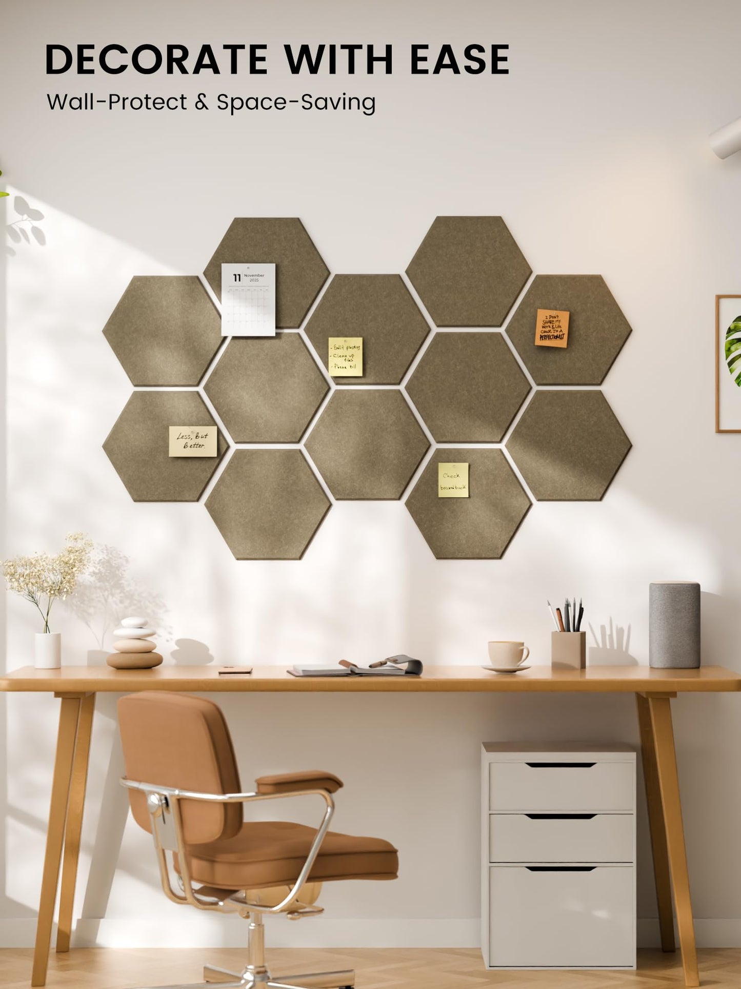 Fluxynara Hexagon Cork Board Alternative for Walls Decor-12-Pack Felt Bulletin Board Tiles,with 30 Pushpins,70 Adhesive Tabs for Office,Classrooms & Home Pin Board Felt Board-Earth Brown