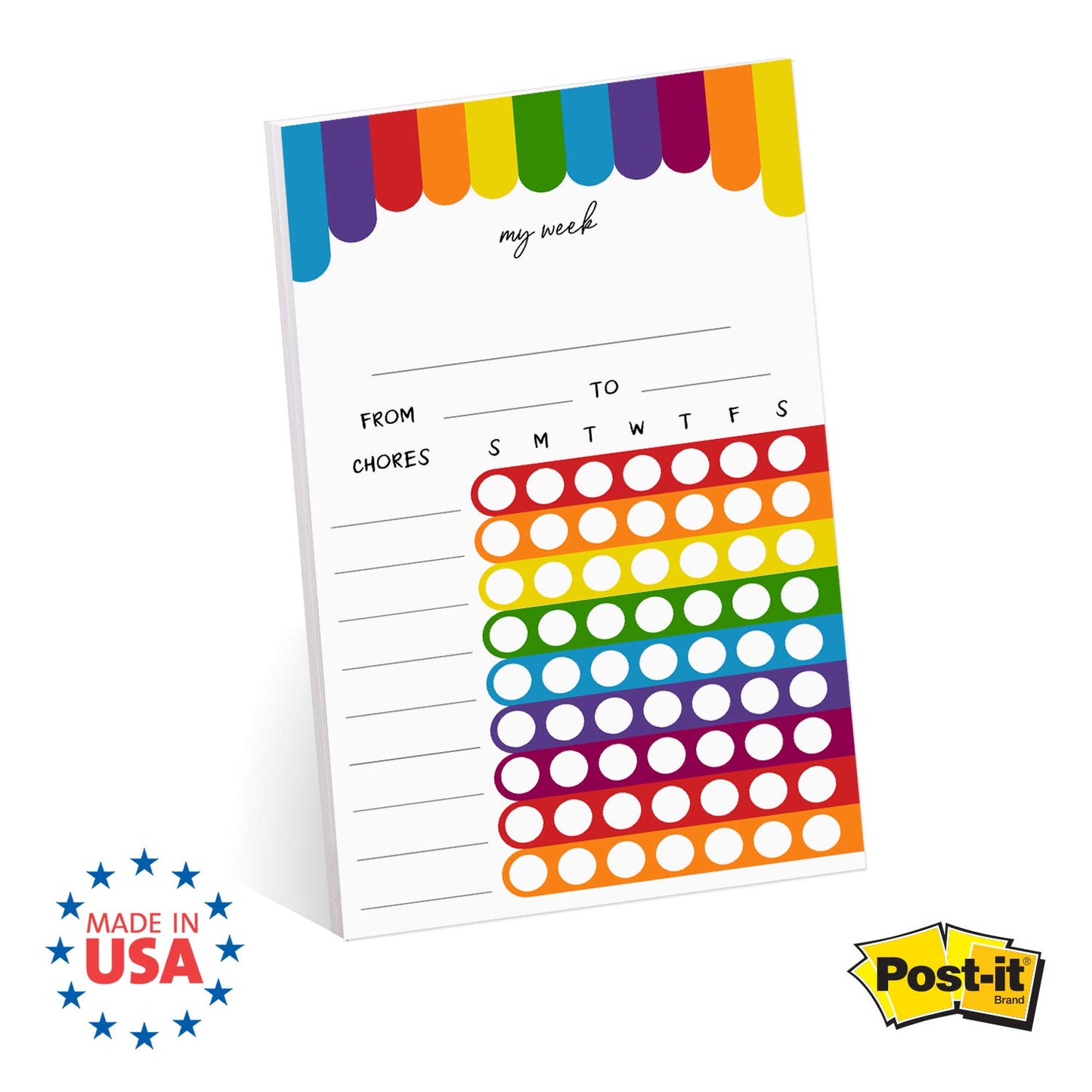 Cheerful Rainbow Weekly Chore Chart / 6" x 10" Sticky Note Fill in Task List/Engaging Week Assignment List