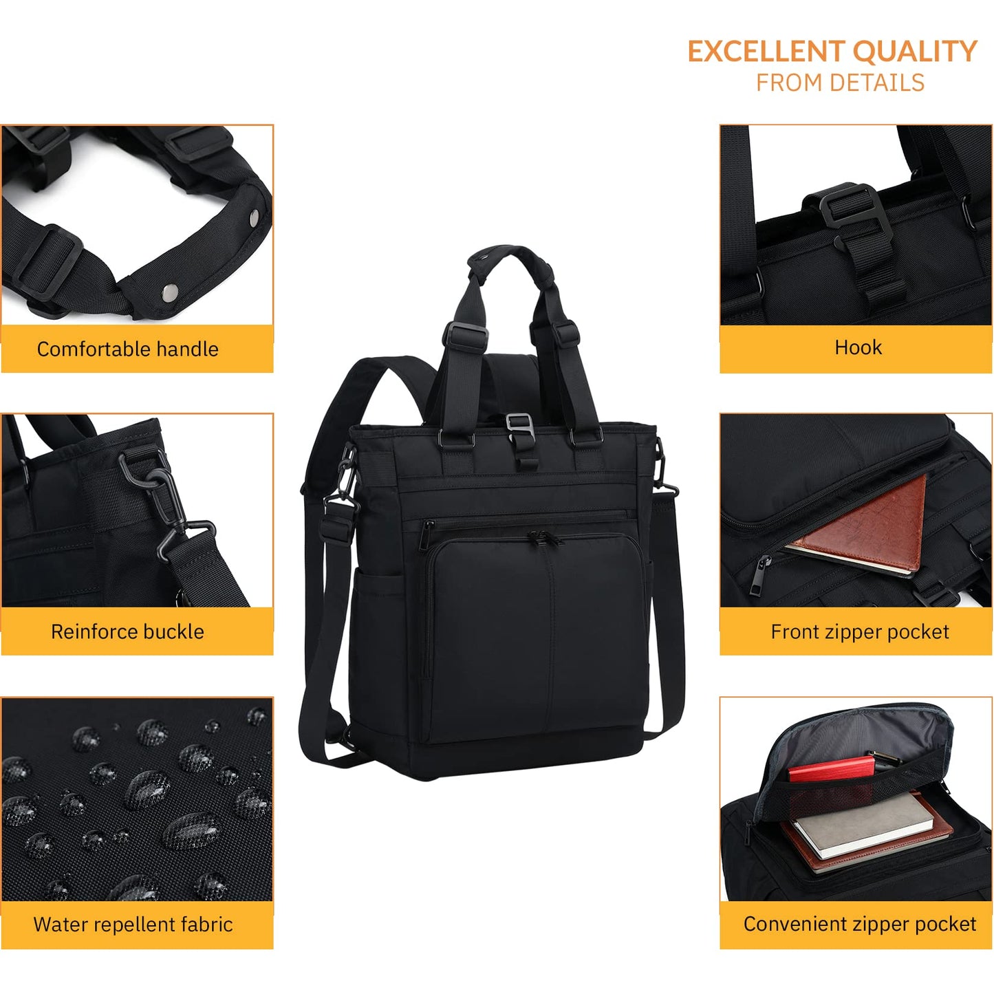 3 in 1 Convertible Backpack, Japanese Minimalist Tote Crossbody Bag, Adjustable Underarm Strap, Anti-Theft, Water Resistant Daypack Fits 15.6 Laptop for Office, Graduate Study, Travel & Casual, Black