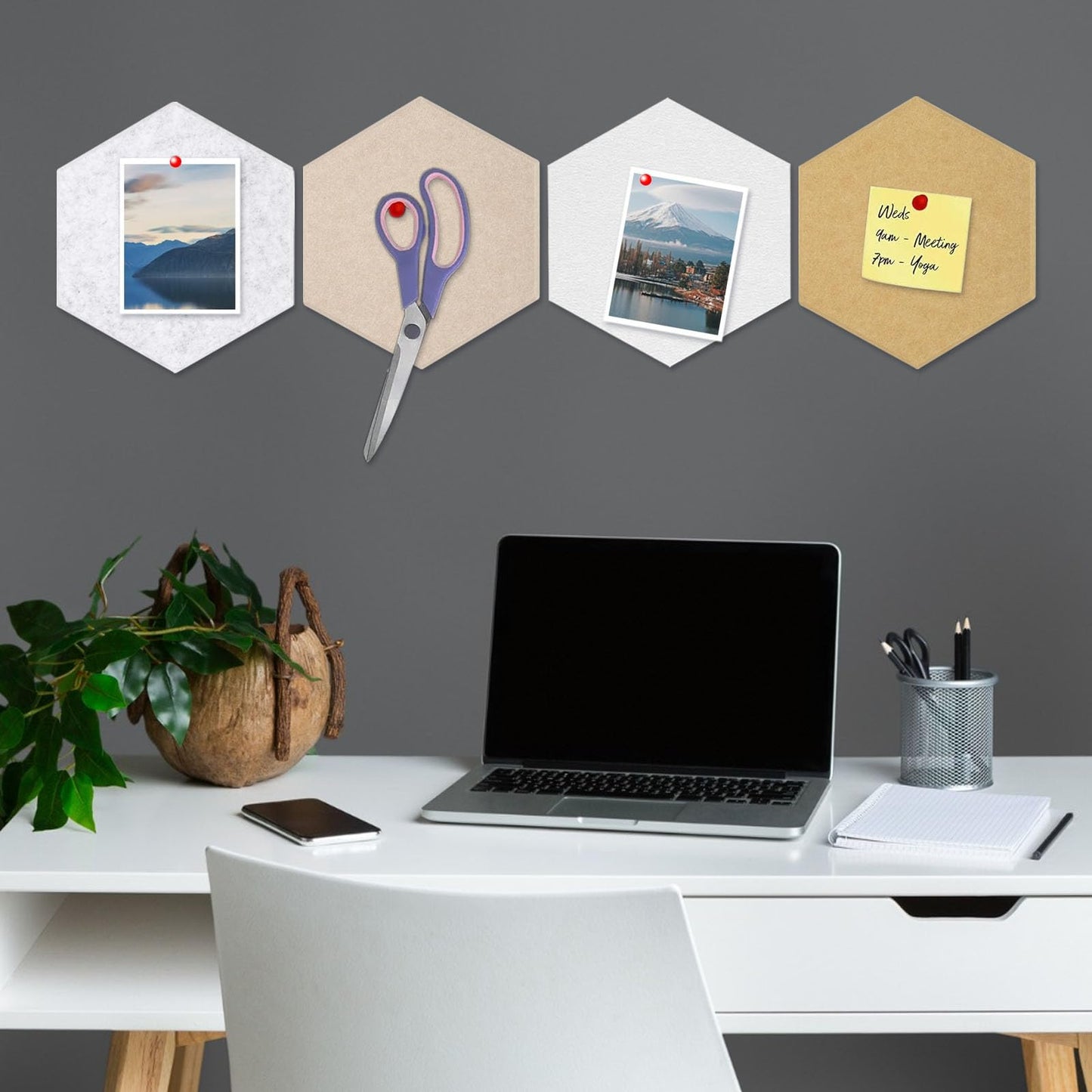 8 Packs White Grey Camel Hexagon Felt Pin Board, 12" Bulletin Board with 30 Push Pins, Felt Board for Home Kitchen Office Decor, Self-Adhesive Corkboard Tiles for Walls Message Photos Memos Display