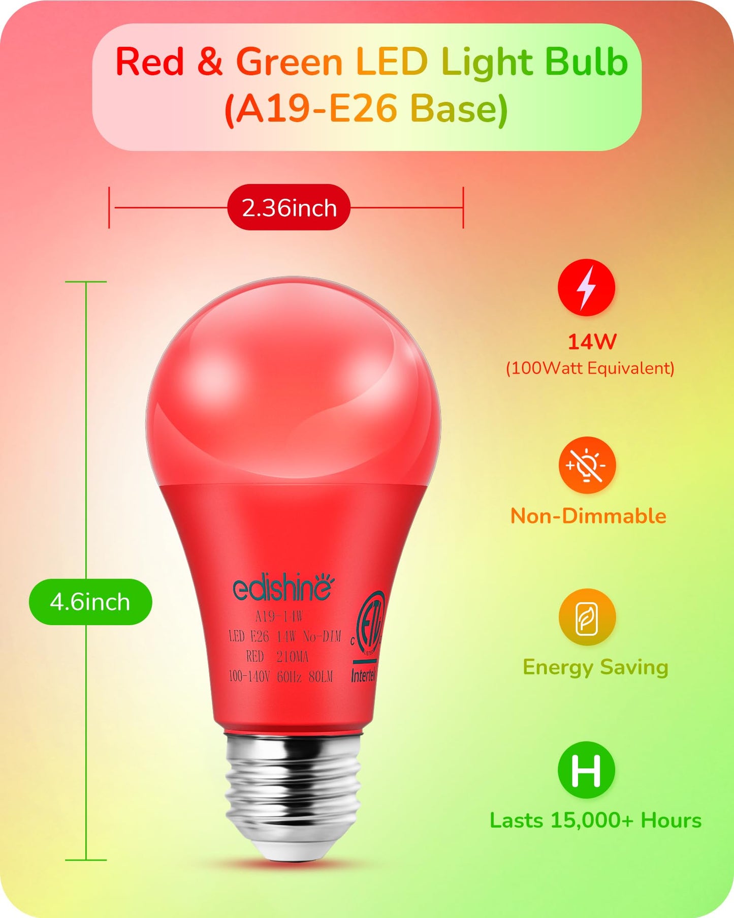EDISHINE A19 LED Light Bulbs, Red & Green, E26 Base, 4 Pack for Christmas Decoration