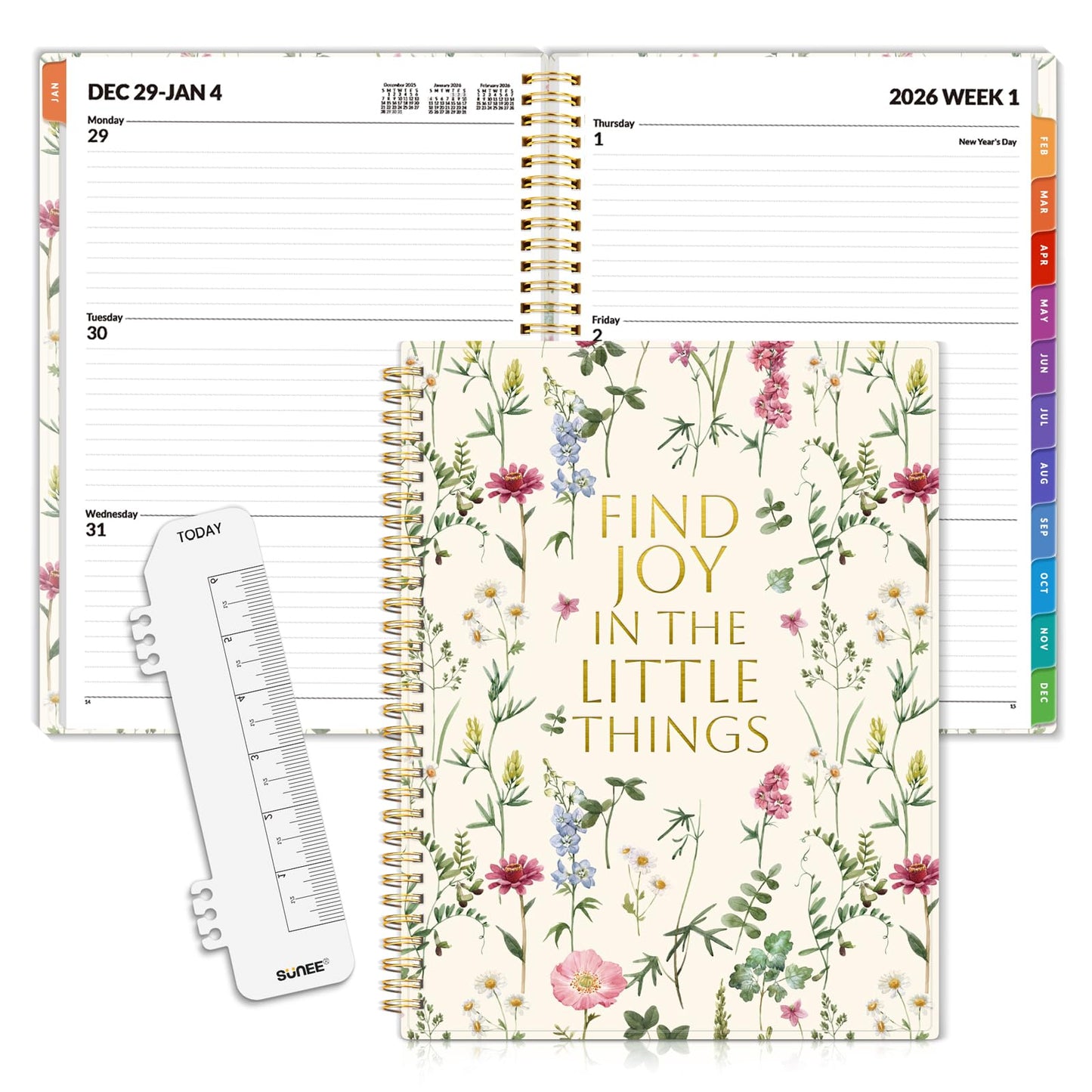 SUNEE 2026 Weekly and Monthly Planner - from January 2026 - December 2026, Daily Agenda Planner with Monthly Tab, Flexible Cover, Note Pages, Pockets, Bookmark, Spiral Binding, Wildflowers, 8.5"x11"