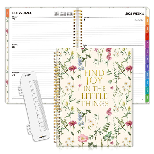 SUNEE 2026 Weekly and Monthly Planner - from January 2026 - December 2026, Daily Agenda Planner with Monthly Tab, Flexible Cover, Note Pages, Pockets, Bookmark, Spiral Binding, Wildflowers, 8.5"x11"