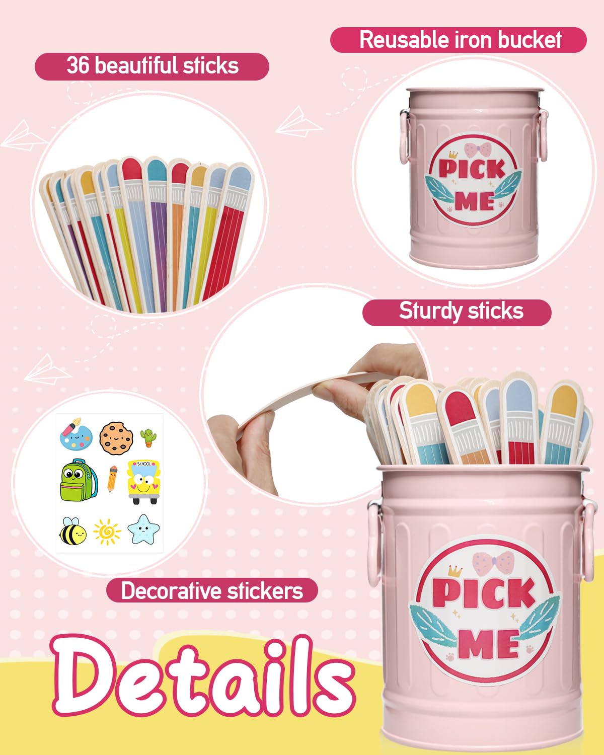 Flip Name Sticks with Metal Box and Sticker, 36Pcs Talking Flip Name Sticks for Classroom Management, Teacher Essentials Student Educational and Learning Activities (Pencil)