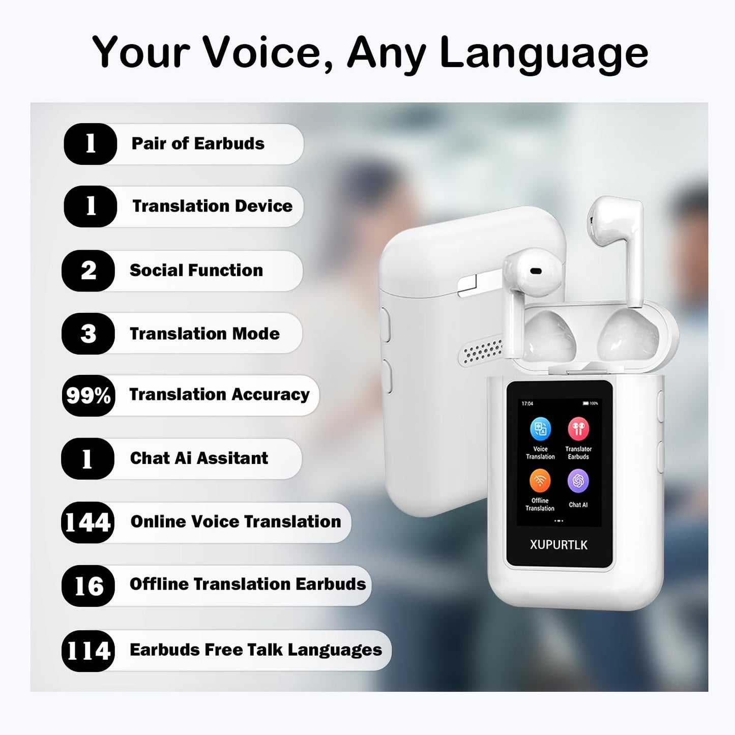 Xupurtlk AI Translation Earbuds Real Time, 120 Offline Packages Audifonos Traductores Inglés Español, Language Translator Earbuds with 74 Online Languages, A8 Translator Device for Travel/Business