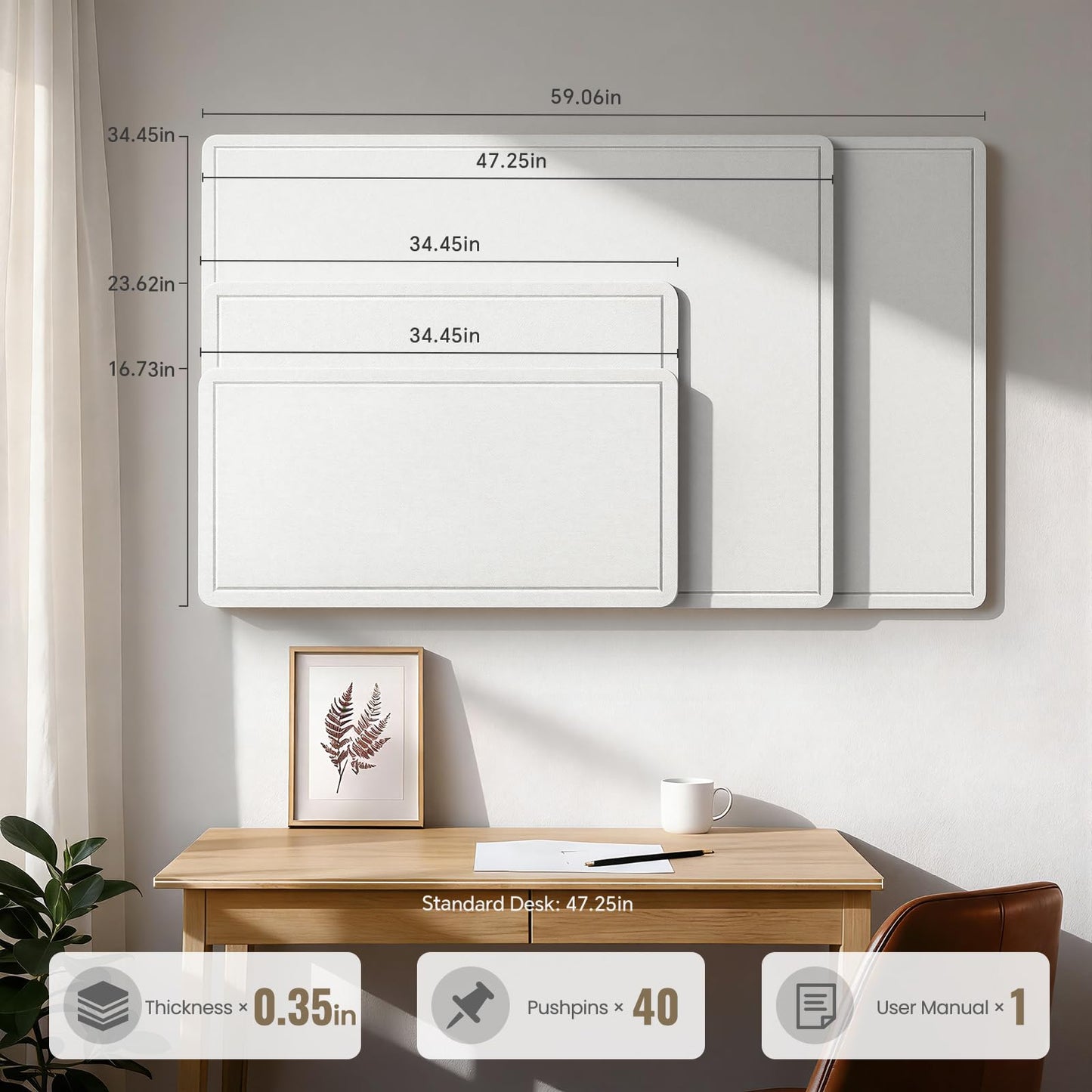 Large Bulletin Board, 35 X 17 Inches Felt Cork Board with 40 Pushpins, Foldable Felt Notice Pin Board Photo Display Board with Self-Adhesive Tape for Office Home School (White, 35x17 inch)
