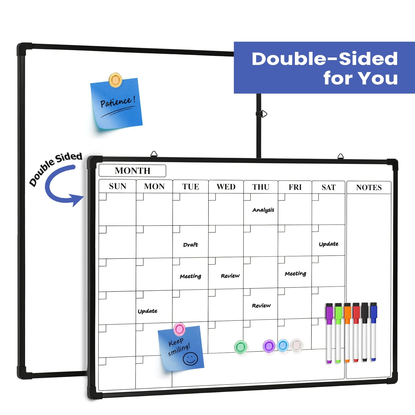 Lumspax Monthly Whiteboard Calendar for Wall, 24" x 18" Dry Erase Board with Plastic Frame, Hanging Dry Erase Calendar with 3 Mini Sticky Notes for Kitchen Planner, Memo, Home and Office, Black