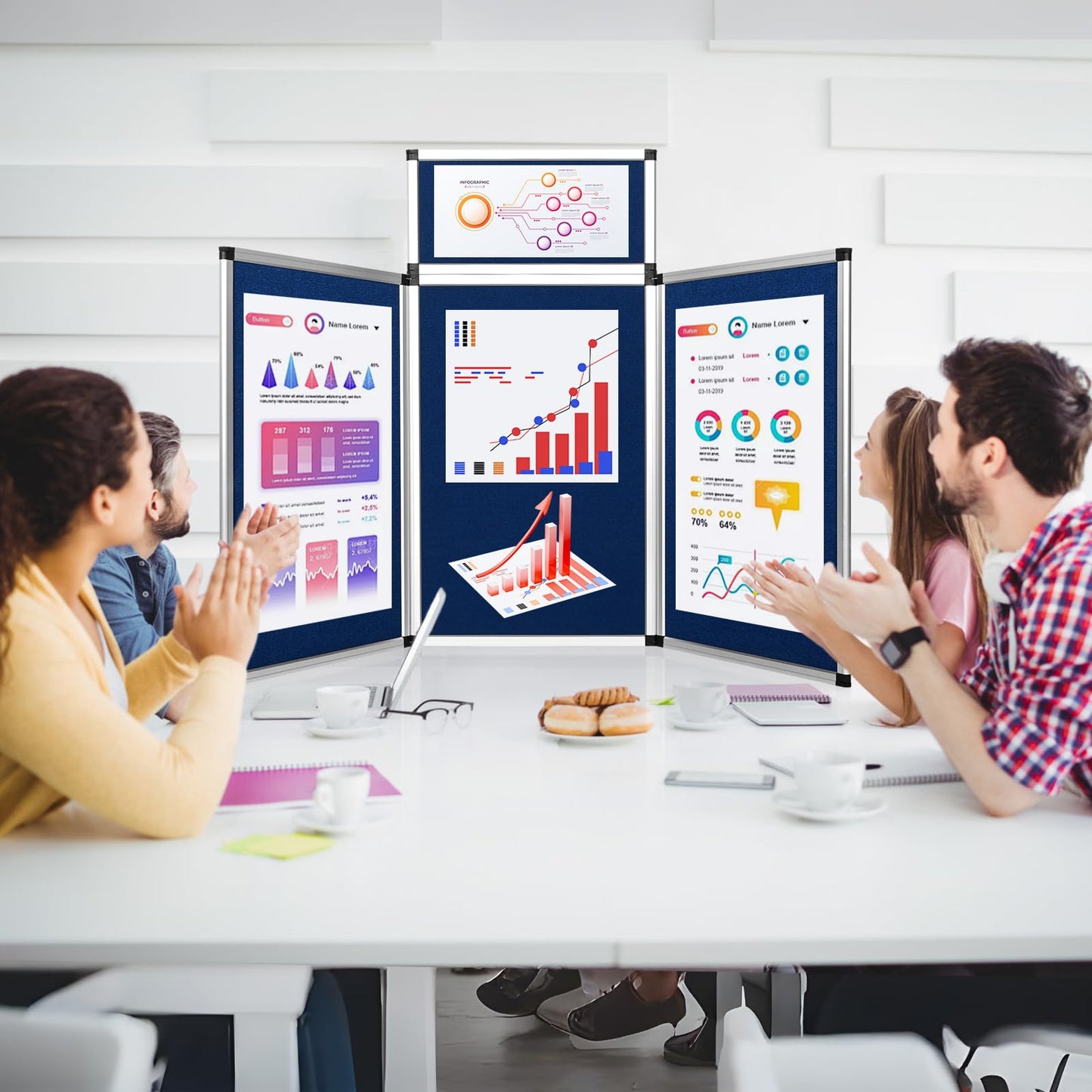 Nisorpa Trade Show Presentation Board, Aluminum Trifold Poster Board 70.8 x 35.4 Inch Display Board with Storage Bag, 3+1 Table Top Folding Panel - Blue