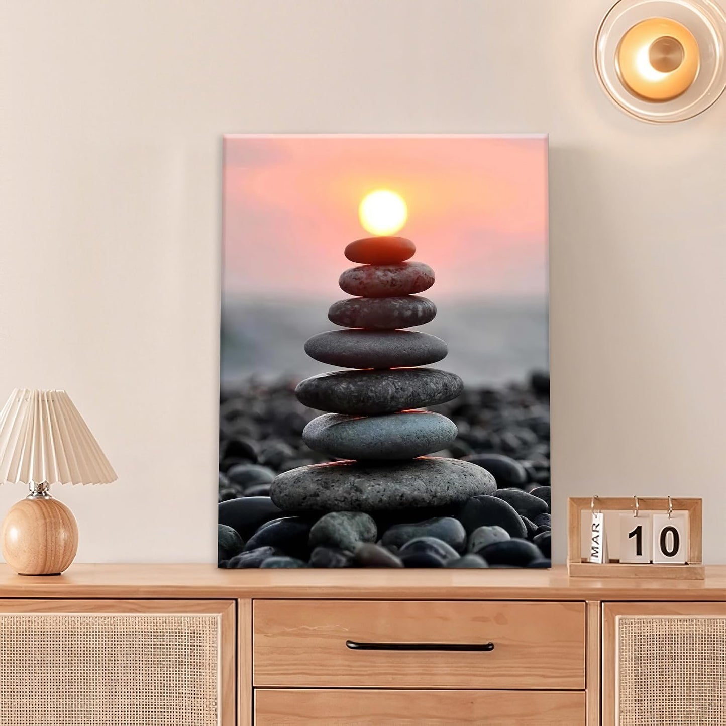 Zen Wall Art Stone Sunrise Pictures Wall Decor Zen Bathroom Decor Canvas Print Framed Artwork Paintings Calming Home Decorations For Spiritual Room Office Living Room Bedroom 12"x16"