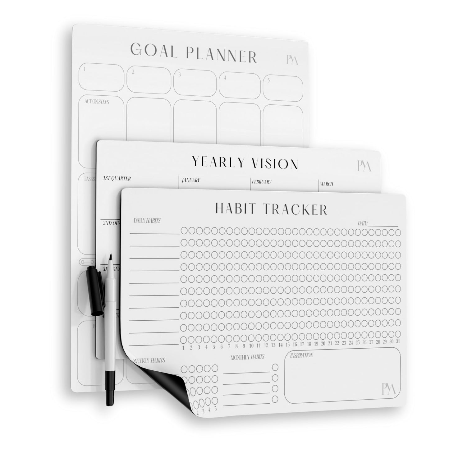 Magnetic Goal Planner Set: Reusable Dry Erase Habit Tracker, Vision Board, Purpose Planner and Workout Calendar Minimalist Wall Calendar Aesthetic Planner, Year at a Glance Wall Calendar 2025