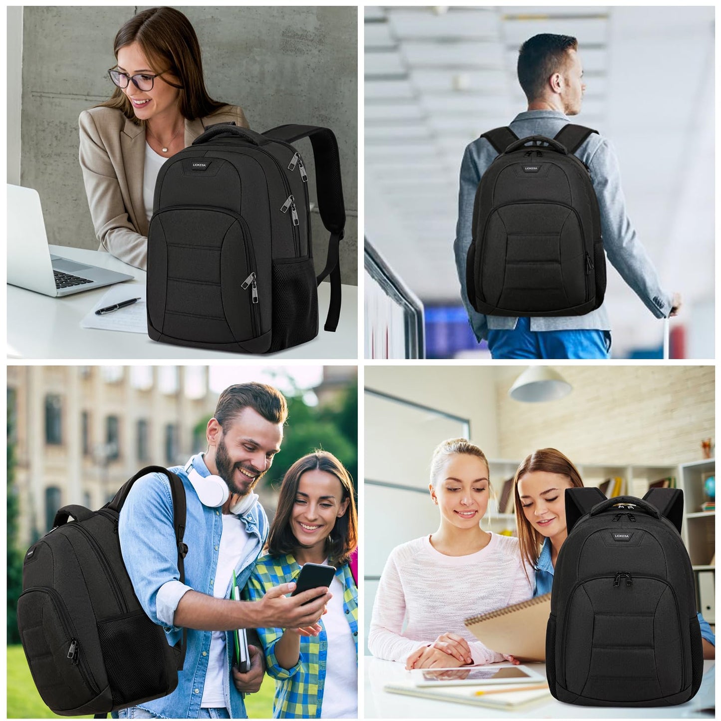 Liokesa Black Laptop Backpack for Men, School Backpacks for Teen Boys, Lightweight Backpack Personal Item Bag, 15.6 Inch Water Resistant College Bookbag Computer Bag