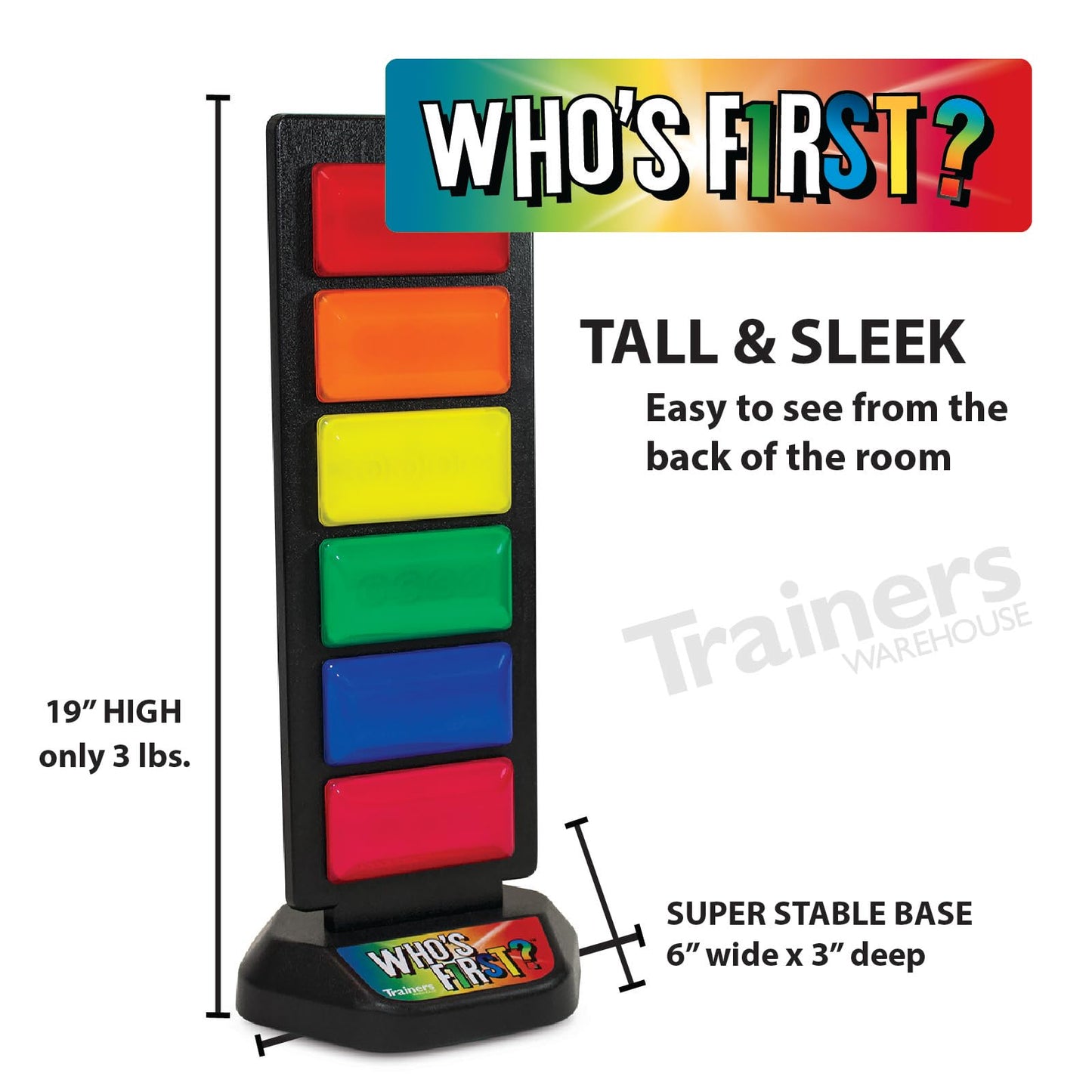 Trainers Warehouse Who's First? v3 Wireless Game 6 Buzzer System | Foster Gameshow Excitement in The Classroom - Includes Light Tower & USB Port & Randomizer | Make Trivia and quizzes Fun!