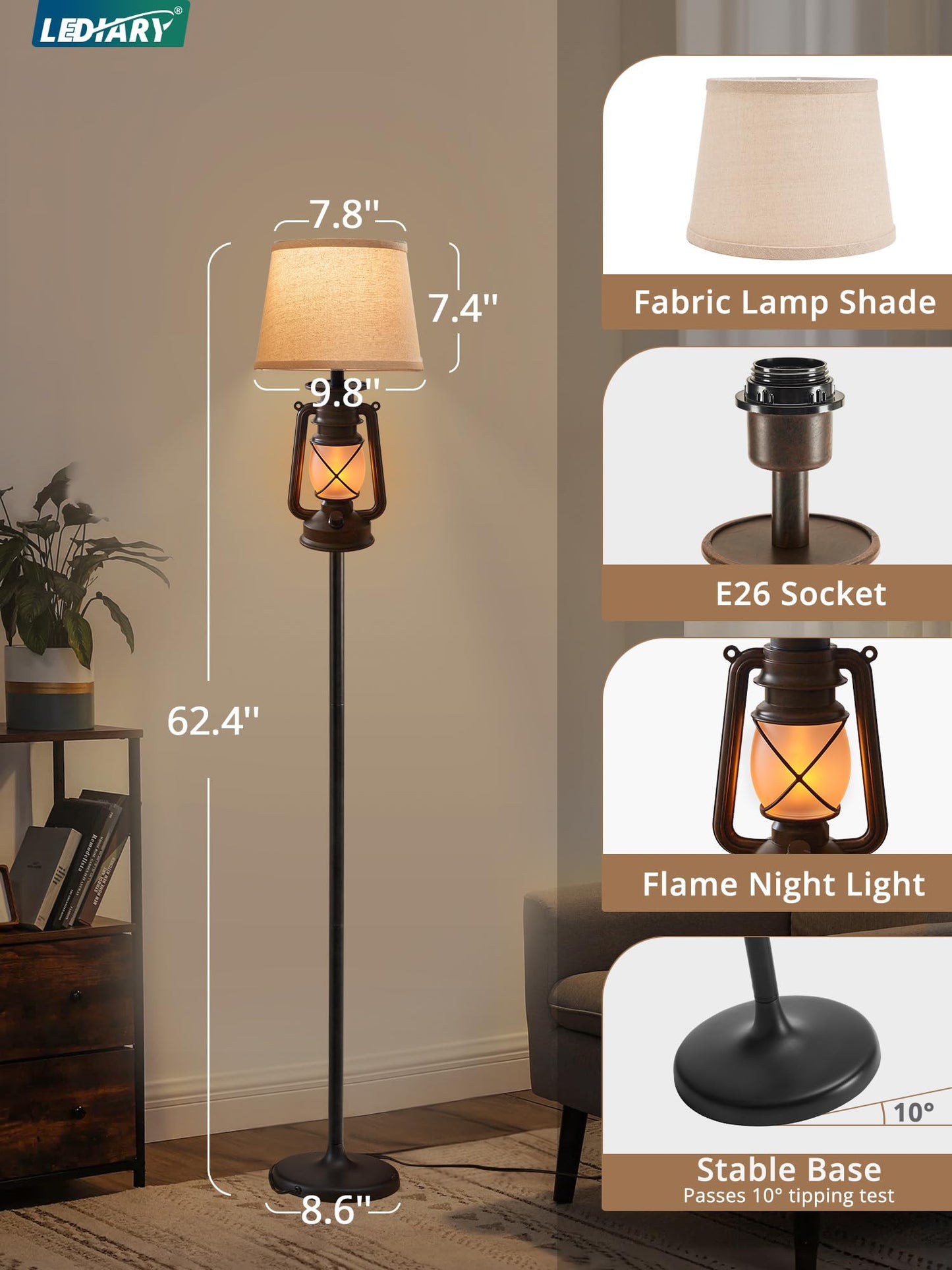 LEDIARY LED Flashing Flame Night Lantern Floor Lamp, Beige Linen Shade, Rustic Design, Bronze Brown & Black, Model LDD