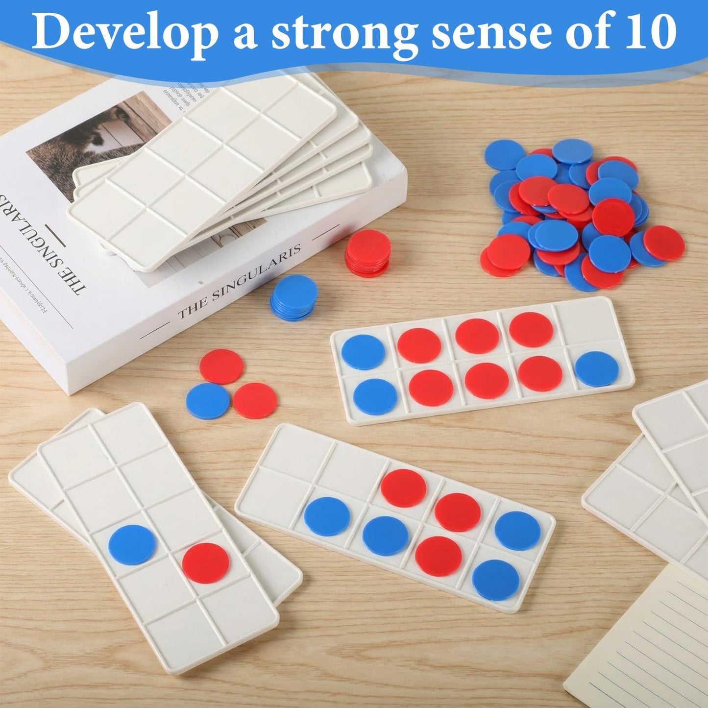 Soulchen 48 Sets Plastic Ten Frames for Classroom Math Manipulatives for Kids Classroom Math Counters Supplies Including 48 Plastic Ten Frames, 480 Counters for Teach Number Concepts (Red, Blue)