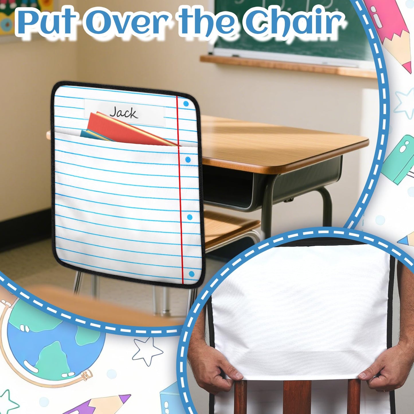 24Pcs Classroom Seat Back Organizer, 17 * 19 Inch Chair Pockets with Name Tag, Back to School Classroom Chair Hanging Bag Seat Sacks Suitable for Families Kindergartens and Primary School Classrooms