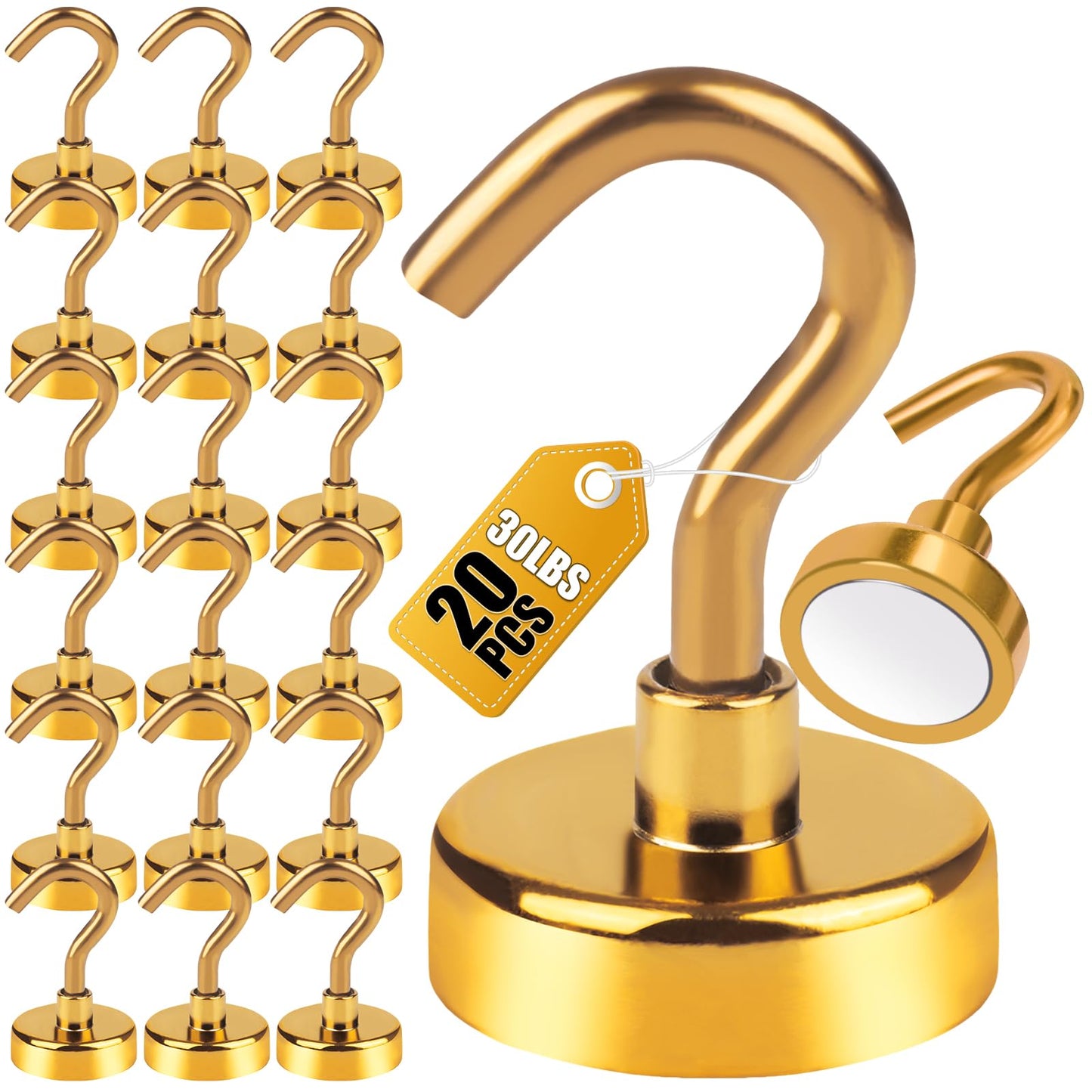 DIYMAG Magnetic Hooks Gold, 30Lbs Strong Heavy Duty Cruise Magnet S-Hook for Classroom, Fridge, Hanging, Cabins, Grill, Kitchen, Garage, Workplace and Office Etc, (20 Pack)